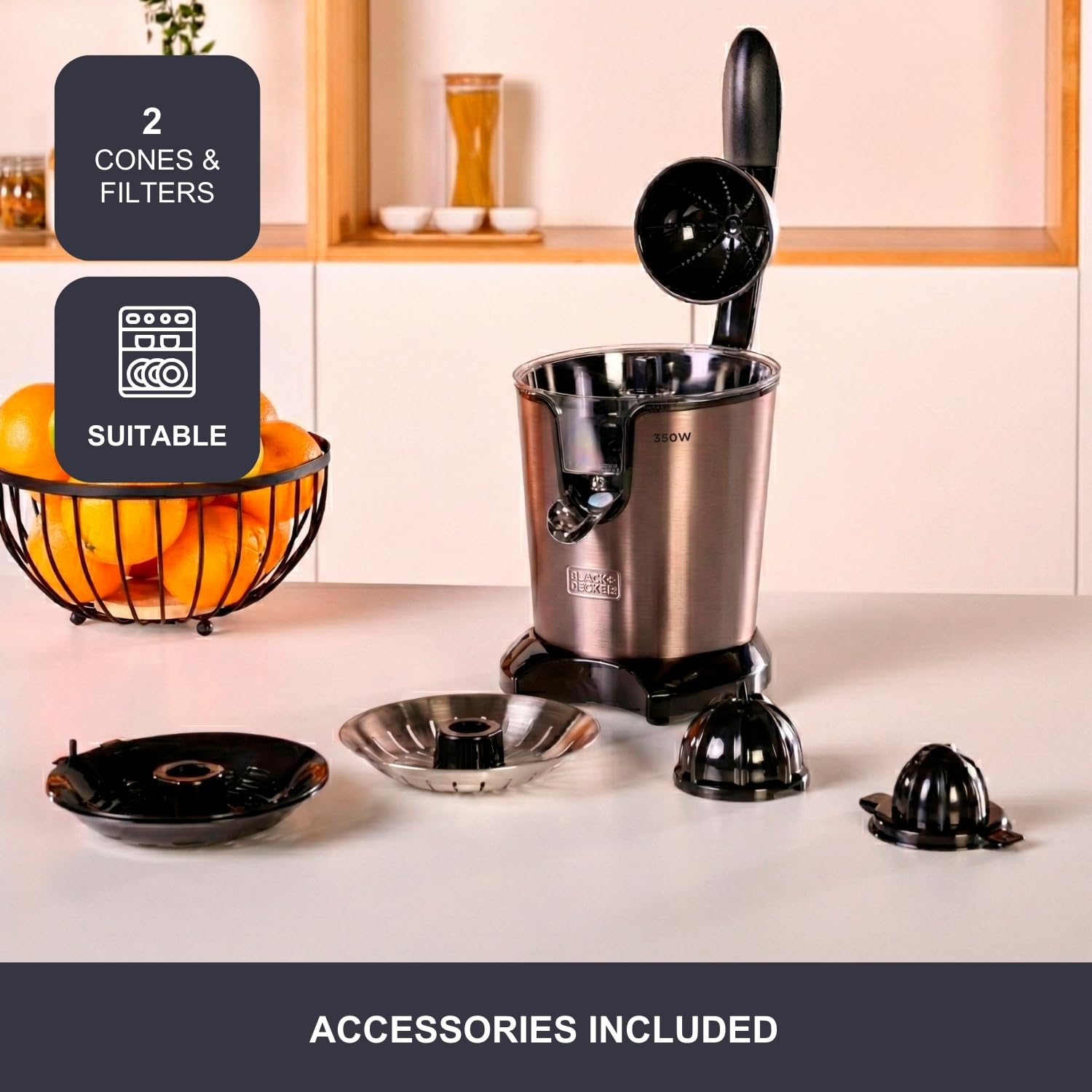 BLACK+DECKER - Presse-Agrumes à Levier 350W | Moteur AC Pro | 2 Cônes | Corps Inox | Réservoir 0,65L/Versement Continu | Anti-Goutte | Filtre Pulpe | Pièces Lavables Lave-Vaisselle | Sans BPA
