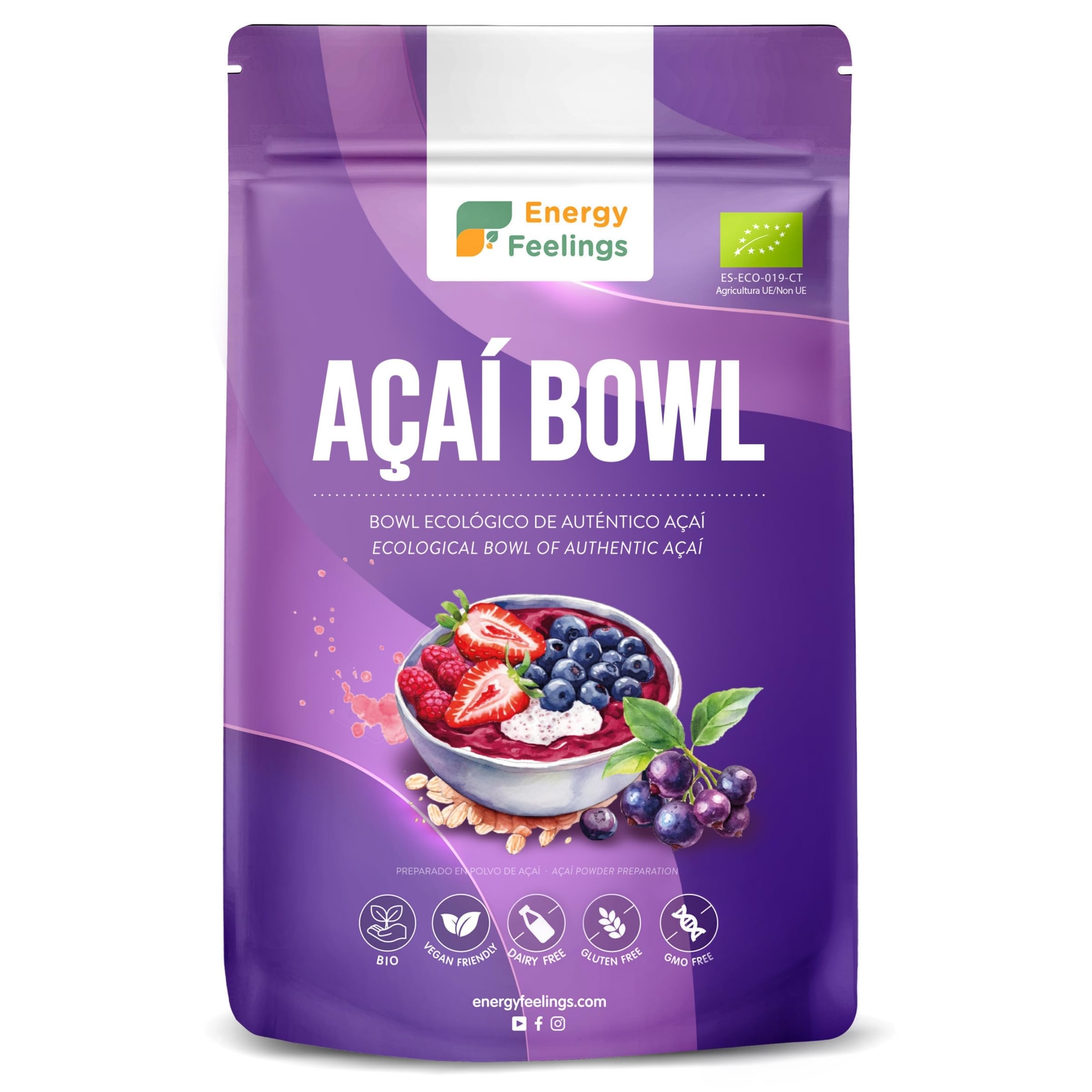 Energy Feelings Preparato per Acai Bowl Bio. Con Bacche di Acai in Polvere, Avena, Cocco... Frutta Liofilizzata Senza Zucchero Aggiunto con proprietà Antiossidanti. 500 G