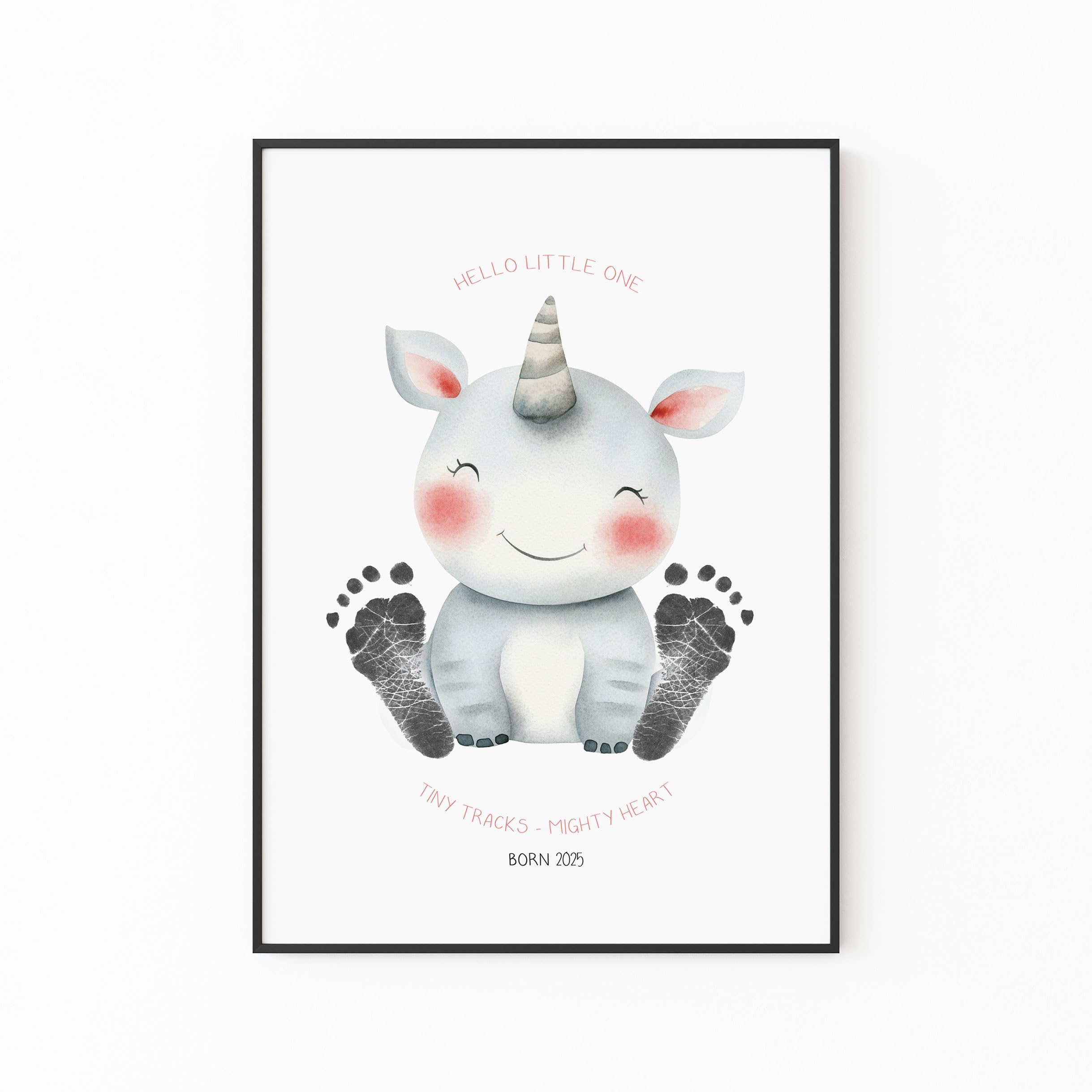 HELLO BOO Animal Inkless Print Kit. 1 Large Sheet, with Beautiful Watercolour Animal Design, 4 mini Print Cards and 2 Ink Free Mess Free Wipes. Perfect New Baby Gift (Rhino)