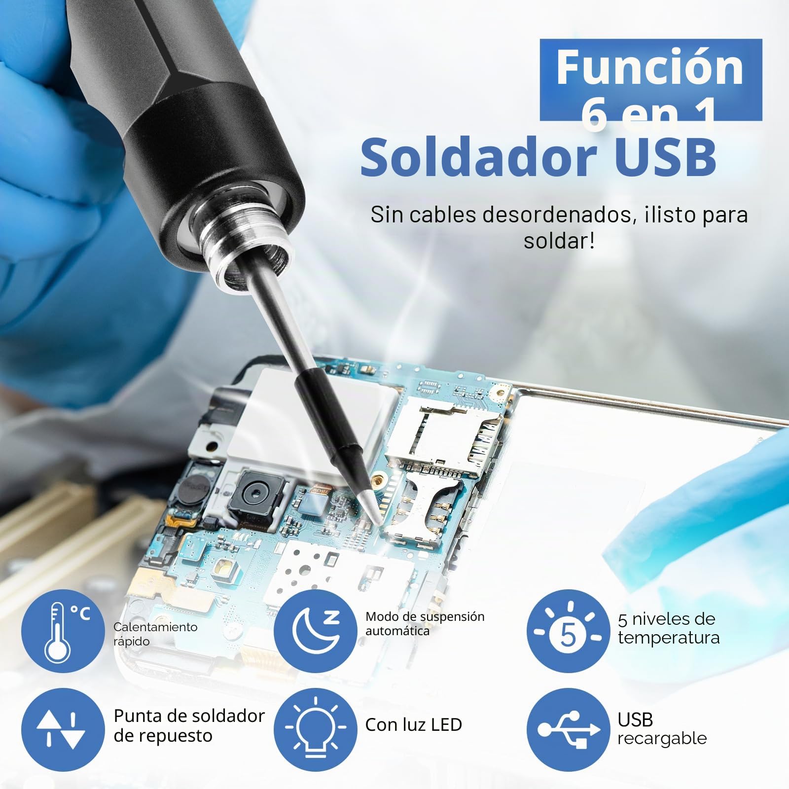 diymore Juego de soldador inalámbrico, USB, 5 velocidades, temperatura ajustable 260 ℃-420 ℃, 3 puntas de soldadura, alambre de soldadura, pasta de soldadura, batería de soldador para reparación de