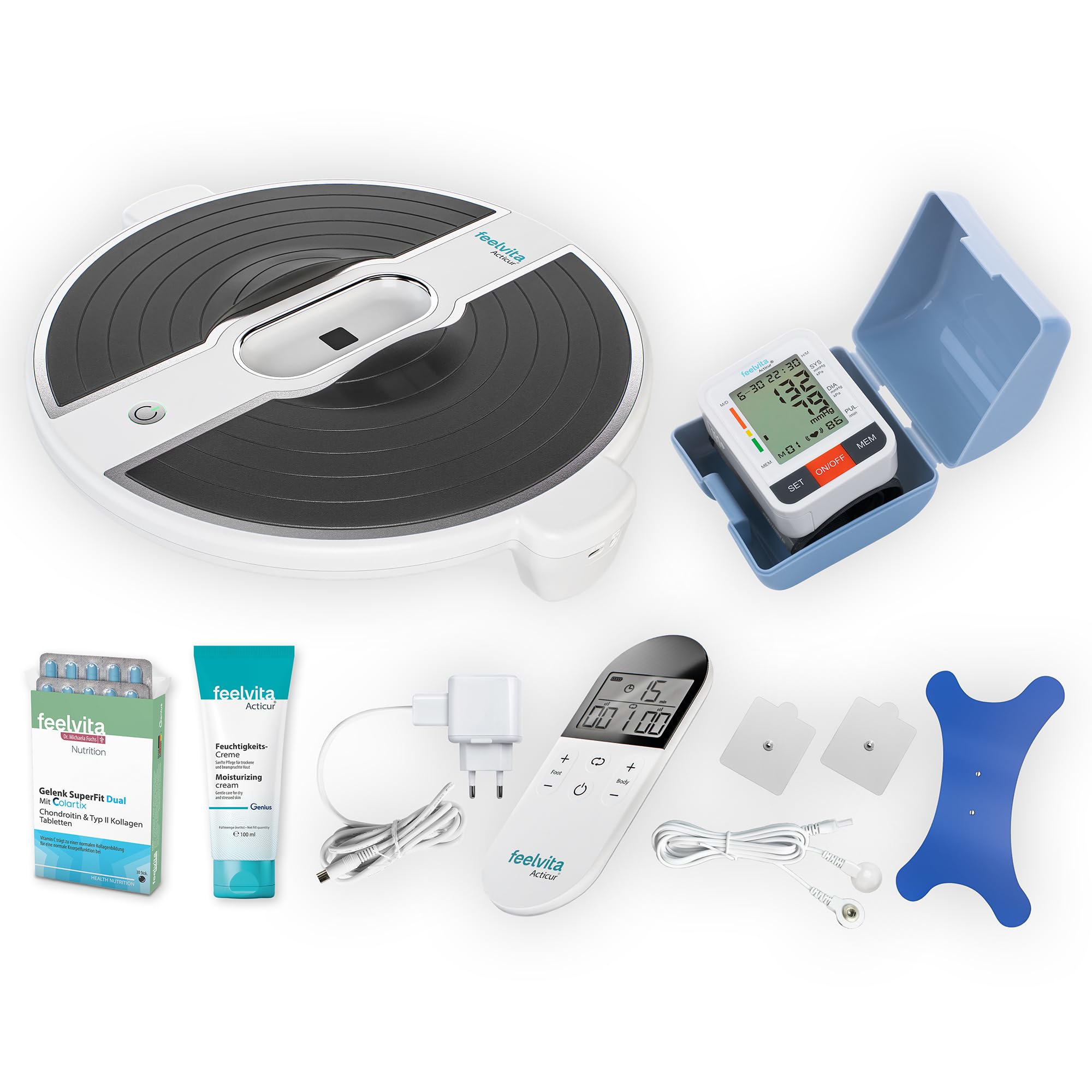 Genius Feelvita Acticur Aktiv-Pro-Set 14-tlg. Durchblutungs- Stimulator Bein und Fuß, EMS Gerät mit 3 TENS Elektrodenpads inkl. Blutdruckmessgerät Handgelenk & Gelenk SuperFit Dual Tabletten 30 Stück