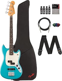 Fender Player II Mustang Bass PJ - Aquatone Blue Bundle with Gig Bag, Strap, Cable, 3-Pack Picks, and Guitar Cleaning Kit