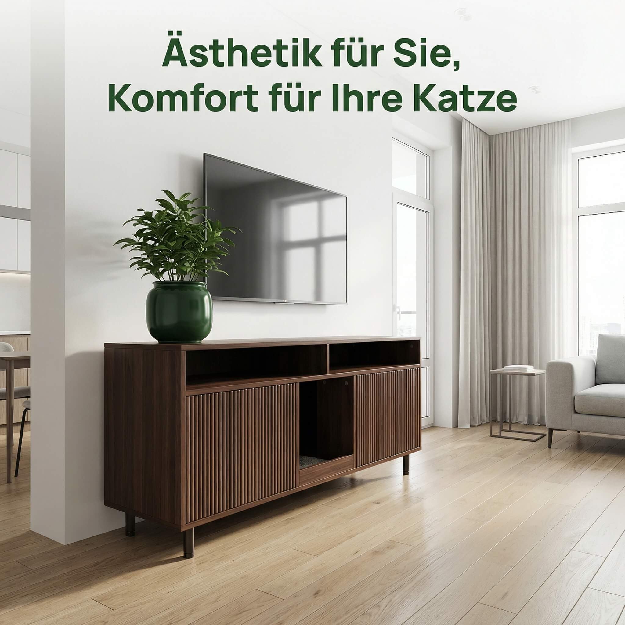 Katzenklo Schrank für 2 Katzen mit Sandauffangmatte, XXL Sideboard für Katzentoilette Versteckt, Multifunktionales Katzenhaus Möbel, Einfache Montage, Walnuss