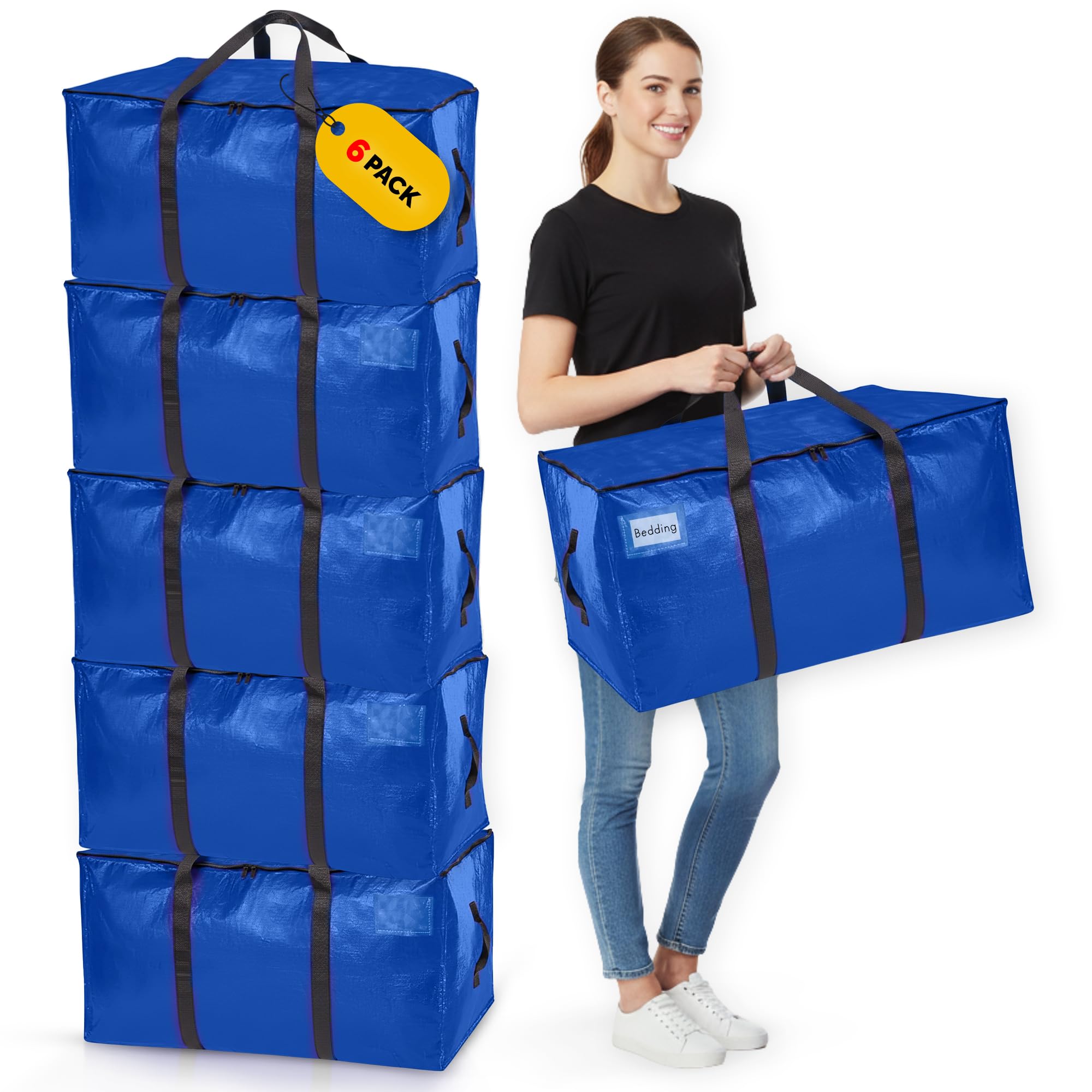 Homxters Extra Large Packing Bags for Moving House Pack of 6 - Heavy Duty Moving Bags for Clothes, Duvet, Bedding, Blankets Storage - Strong Handles & Straps 90L Plastic Water Resistant (6 Pack)