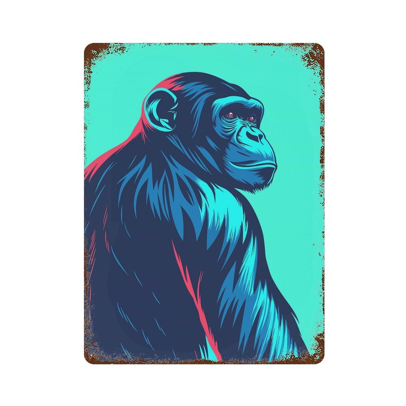 Stylized Chimpanzee Portrait Rustic Tin Plaque 15.7"x11.8", for Shed, Workshop And Garage Wall Decor, Rustic Home Decor
