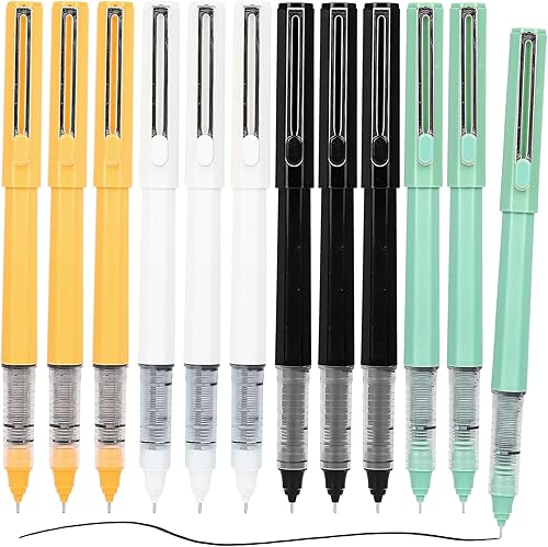 M&G 12 bolígrafos de tinta líquida, tinta negra de 0.020 in, punta ultrafina con soporte para bolígrafo de 4 colores, bolígrafo líquido de secado