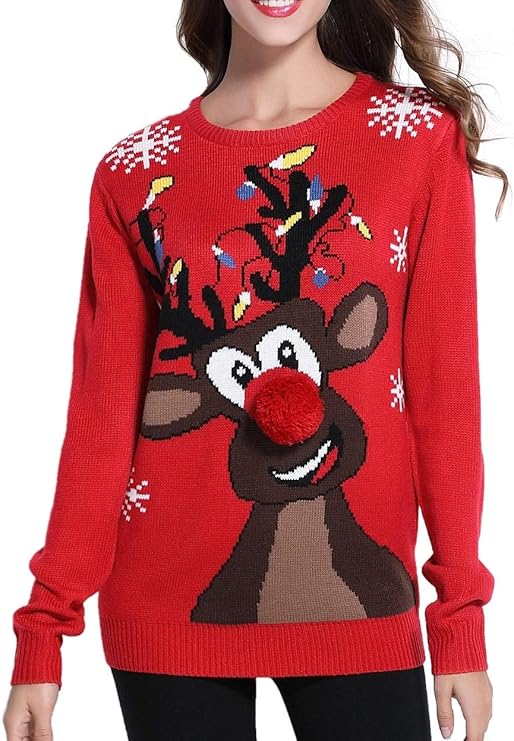 Women's Christmas Reindeer Traditional Knitted Holiday Ugly Sweater Girl Pullover Cardigan