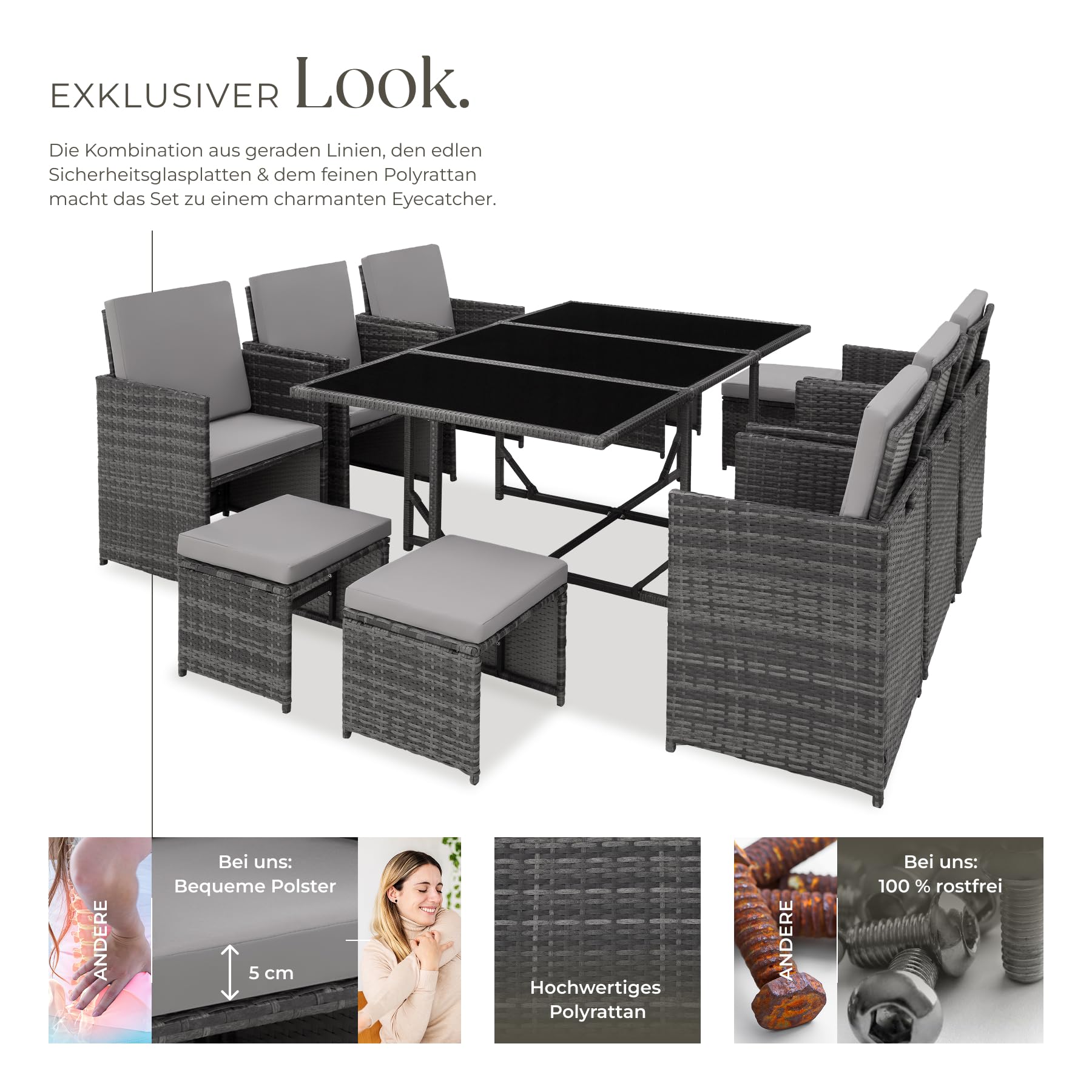 tectake® Outdoor Balkon Gartenmöbel Set, Lounge mit 6 Stühlen, 4 Hocker und 1 Tisch, Poly Rattan Geflecht, wetterfest, platzsparend - grau
