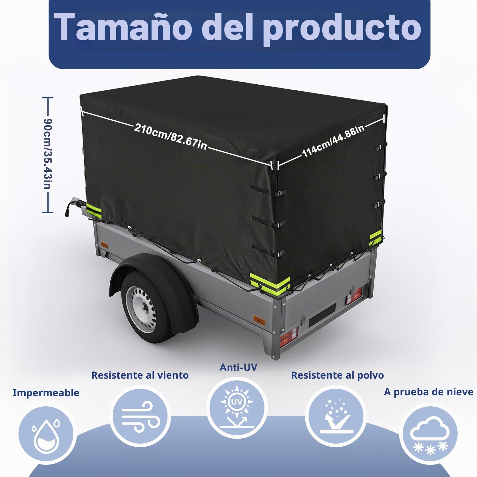 Lona para Remolque, 210 x 114 x 90 cm,600D Protector Impermeable A Prueba De Viento,Cuerda y Tiras Reflectantes, Lona Protectora Solar Impermeable con Ojales Reforzados,Lona de Tela para remolques