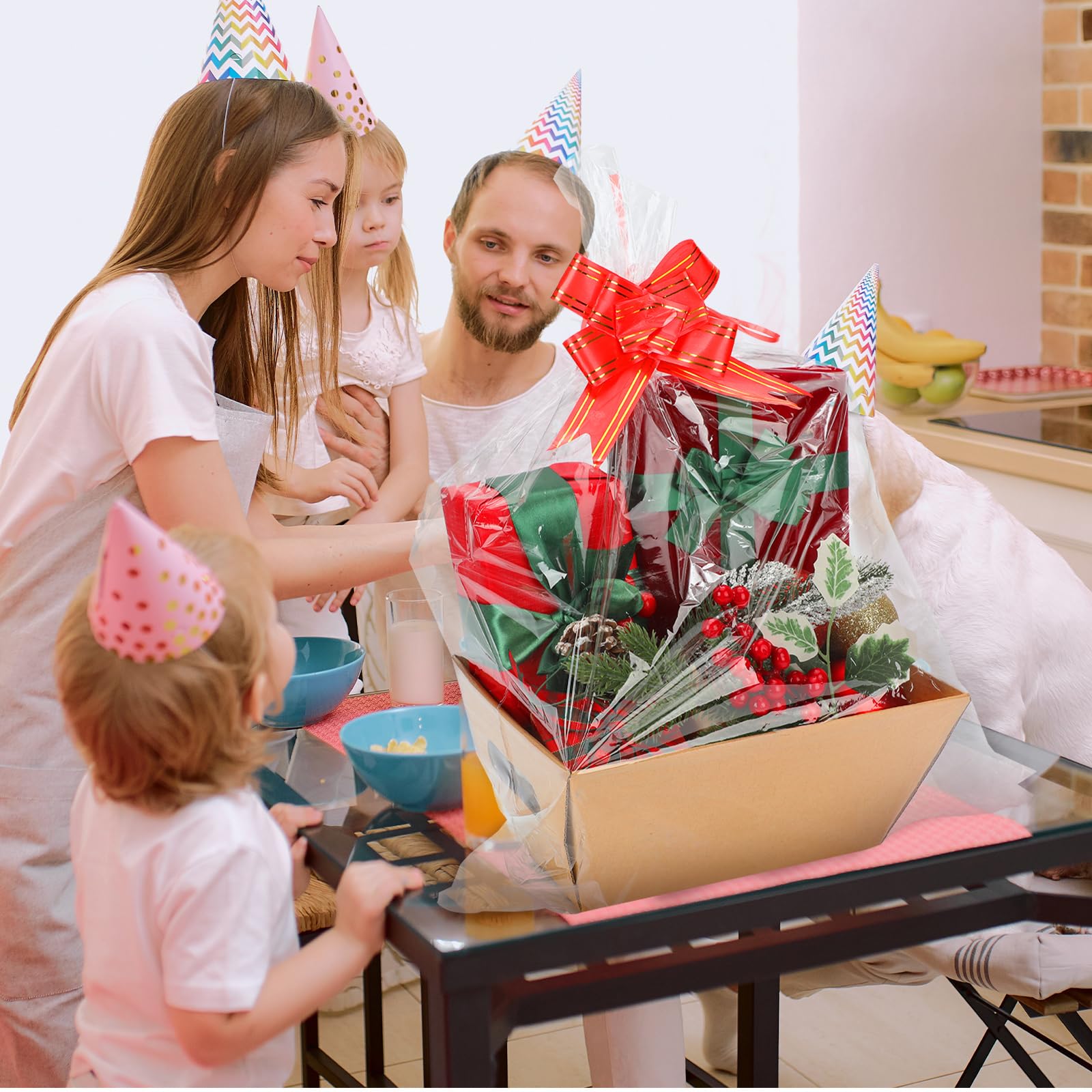 Hoolerry Juego de 60 cestas de regalo de papel kraft de Navidad a granel incluye 20 cestas de regalo vacías, 20 bolsas de celofán y 20 lazos de envoltura, bandeja de regalo vacía con asas para fiestas