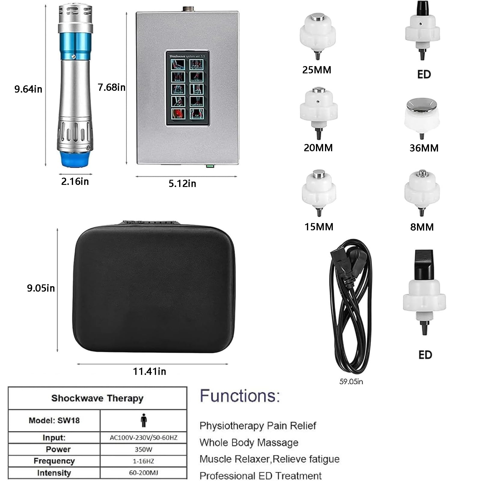 Macchina per Terapia Ad Onde D'urto con 7 Testine Massaggianti, Frequenza Regolabile 1-16Hz Ed Energia 60-200MJ, Non Invasivo, per Il Sollievo dal Dolore Articolare E Muscolare