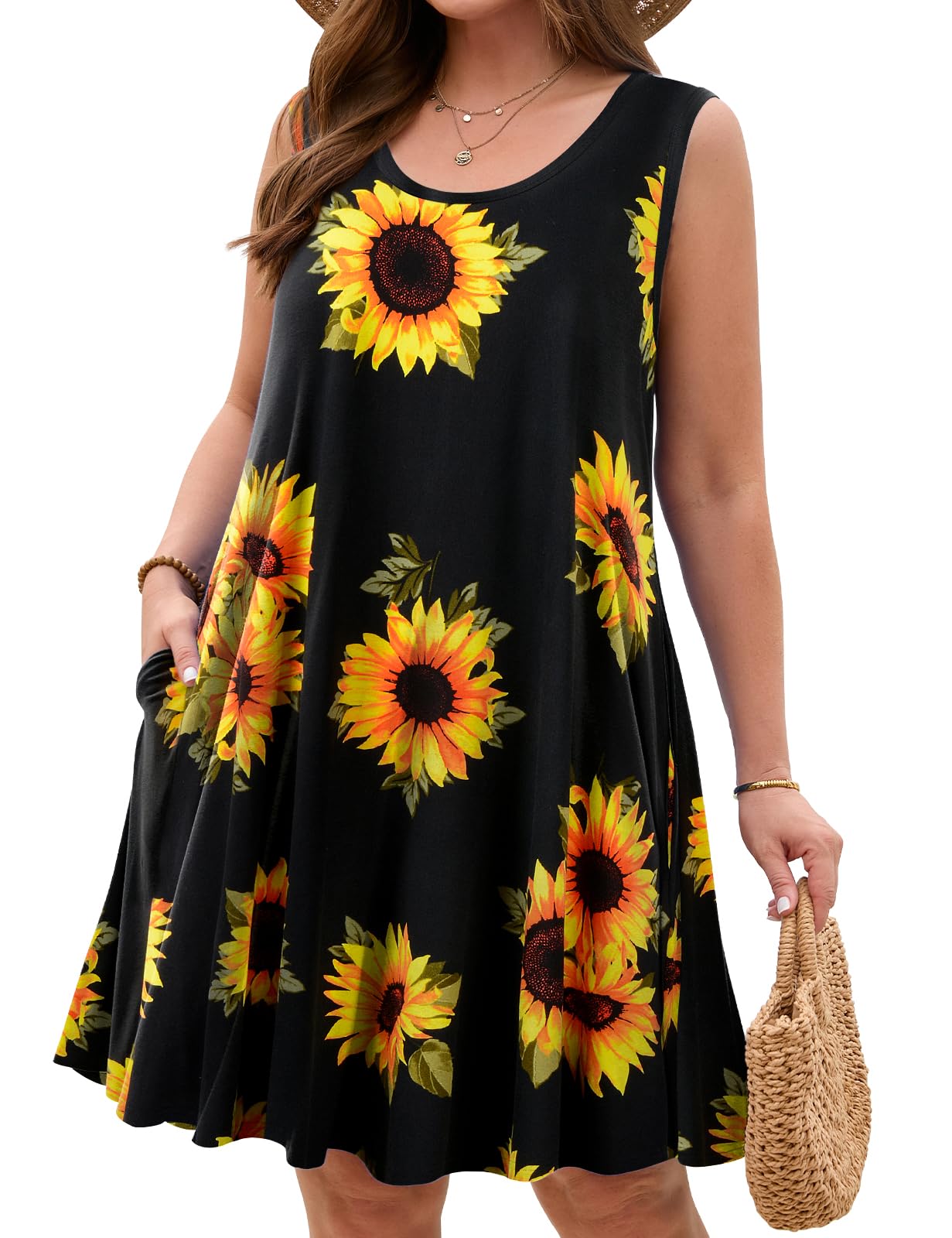 JollieLovin Women Plus Size Curvy Summer Tank Sun Dresses Sleeveless Causal T-Shirt Dress Beach Swing Cover up(L-5X)