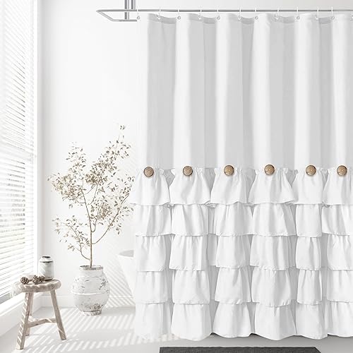 Miniatura 8 de Juego de cortina de ducha con volantes blancos con 12 ganchos, 72 x 84 pulgadas, cortinas de ducha de tela con botones y volantes blancos para baño,