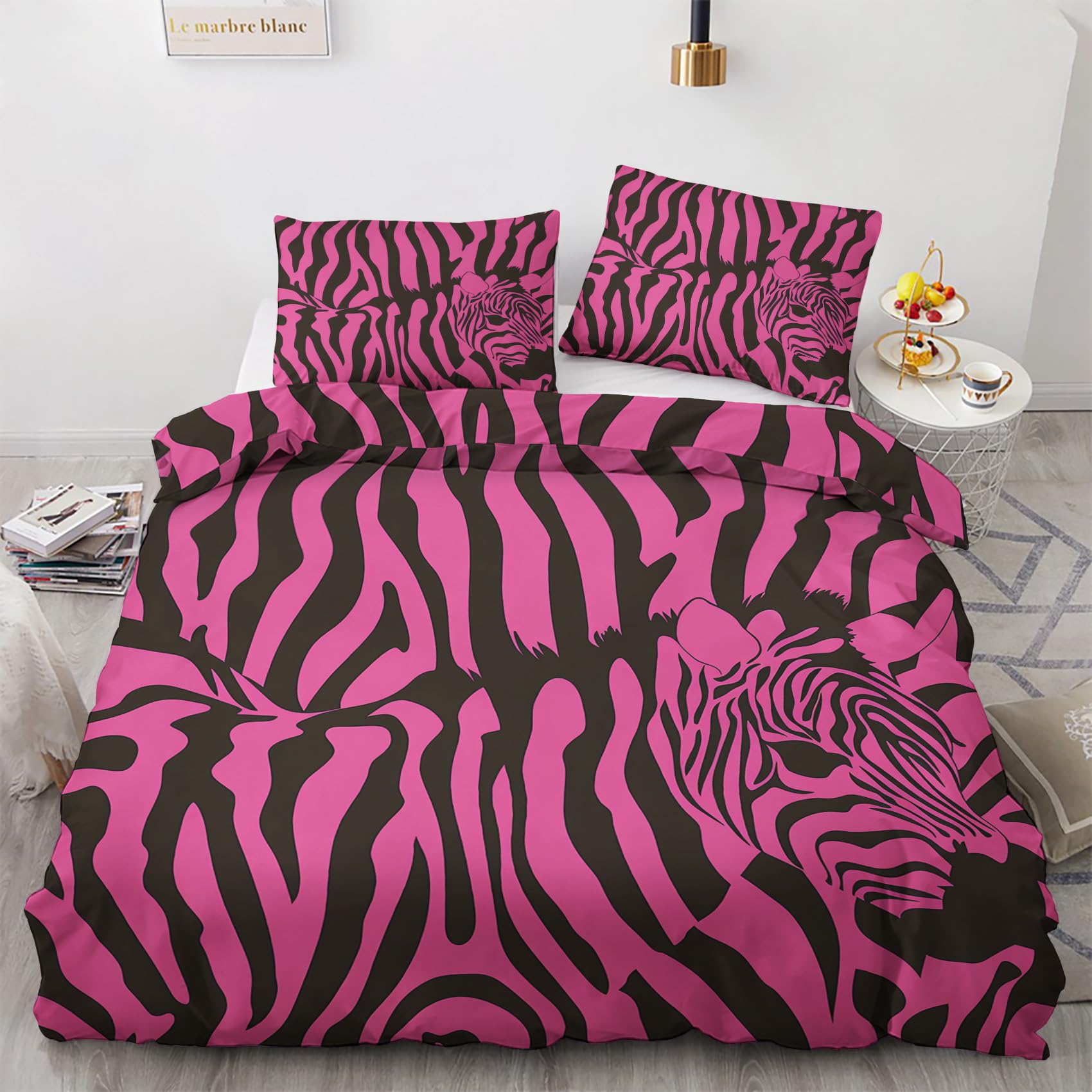 NOGAWA Zebra Print Bedding Sets King Size - Hot Pink Duvet Cover King Size, Reversible Quilt Cover & 2 Pillowcases with Zip and Ties, Soft and Breathable Brushed Microfibre Bed Set