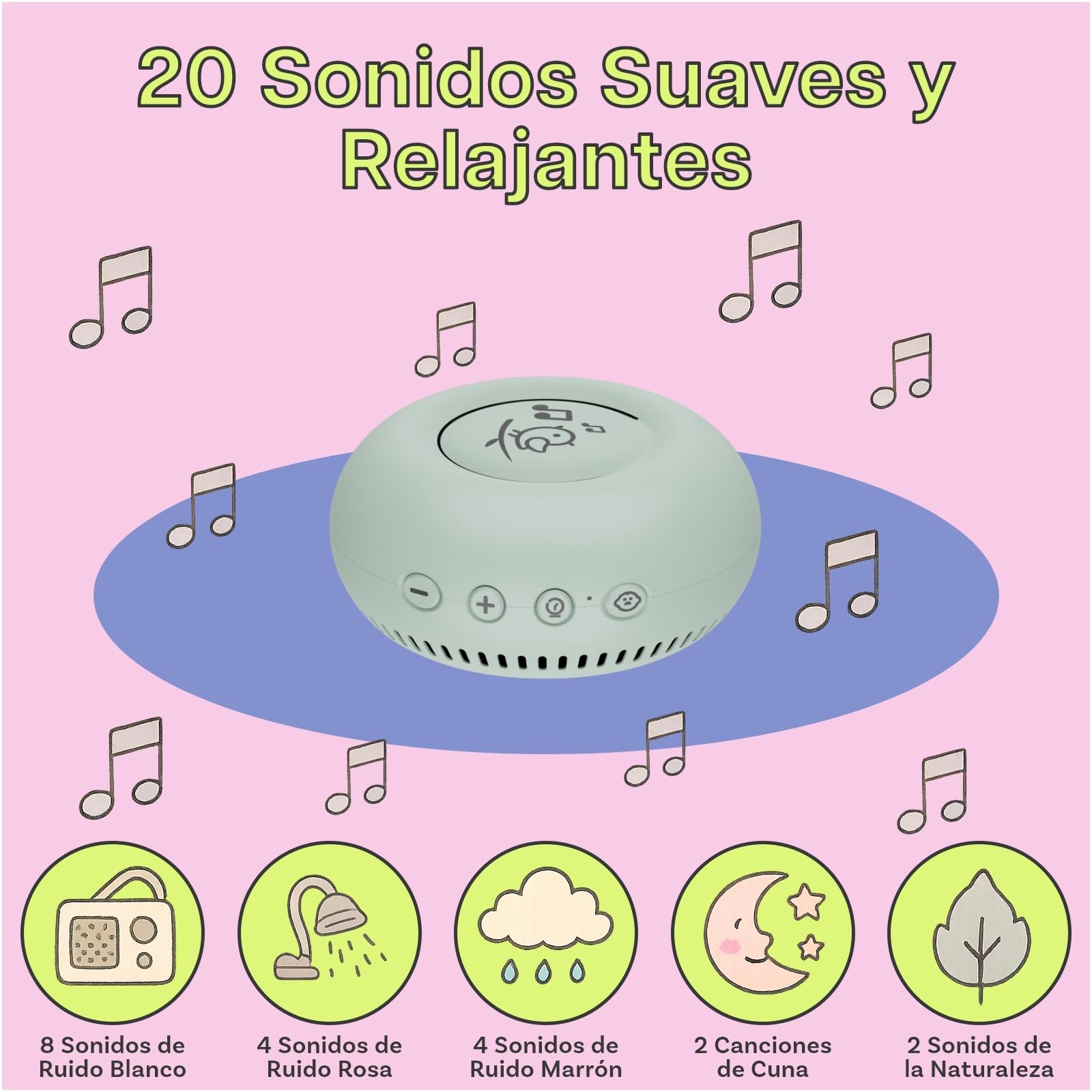 Máquina de Ruido Blanco Portátil Bebé por MMOBIEL – 20 Sonidos Relajantes, Sensor de Llanto, Temporizador, Recargable USB-C – Ruido Blanco/Rosa/Marrón, Canciones de Cuna y Sonidos Naturaleza - Verde