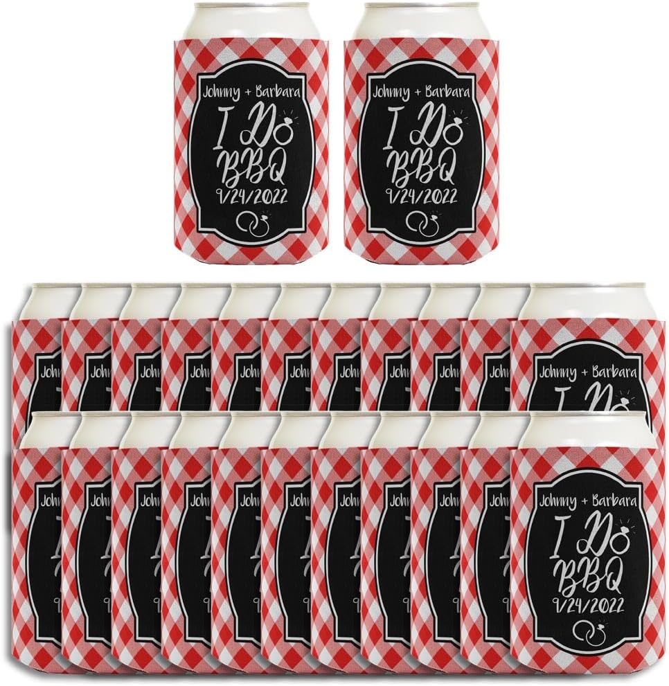 BBQ Wedding Shower Decorations I Do BBQ Customized Text Coolie 24-pack Personalized Can Coolies Red