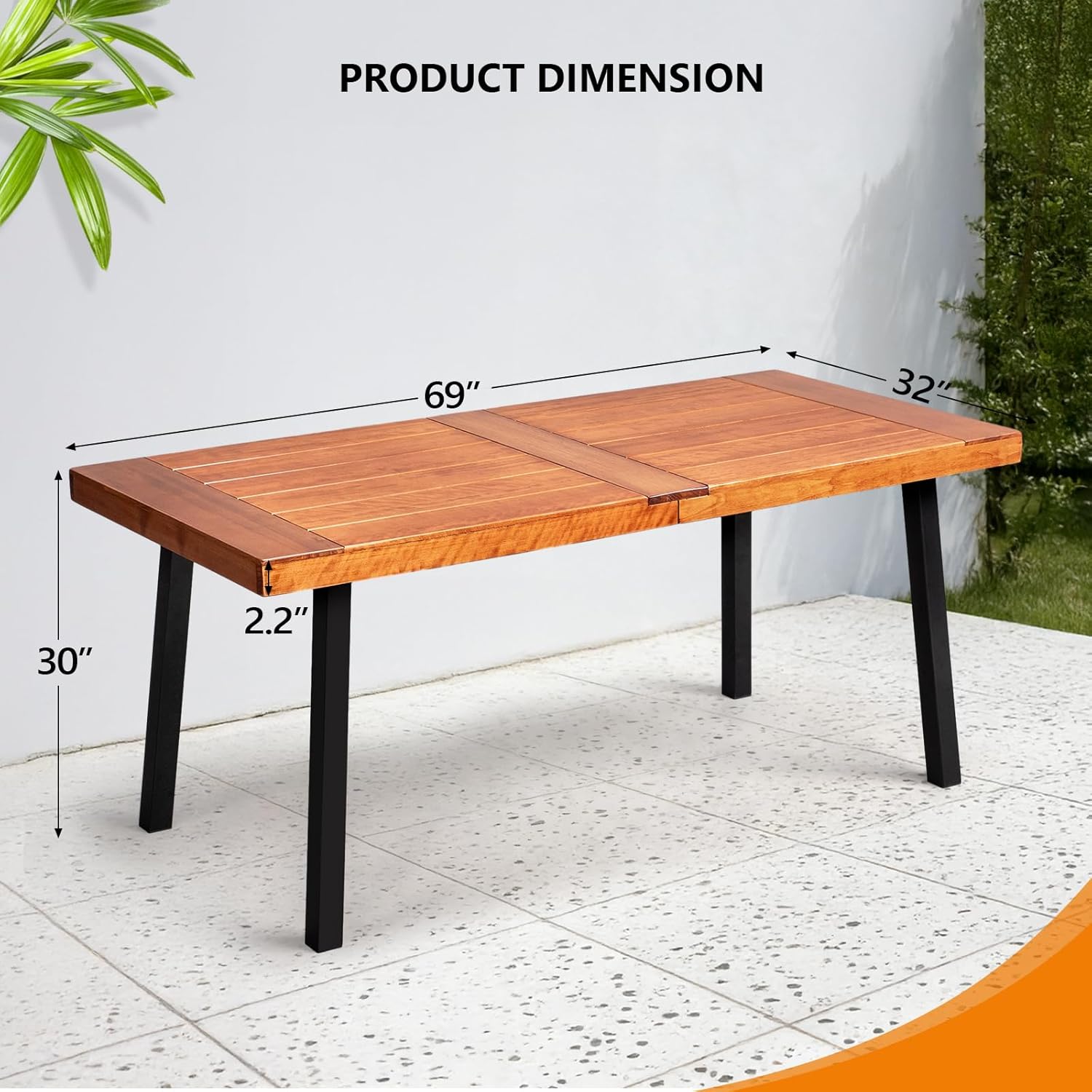 VINGLI 69 Inch Wood Dining Table with Iron Legs, 6-Person Indoor Outdoor Patio Garden Table, All-Weather Rustic Farmhouse Kitchen Table