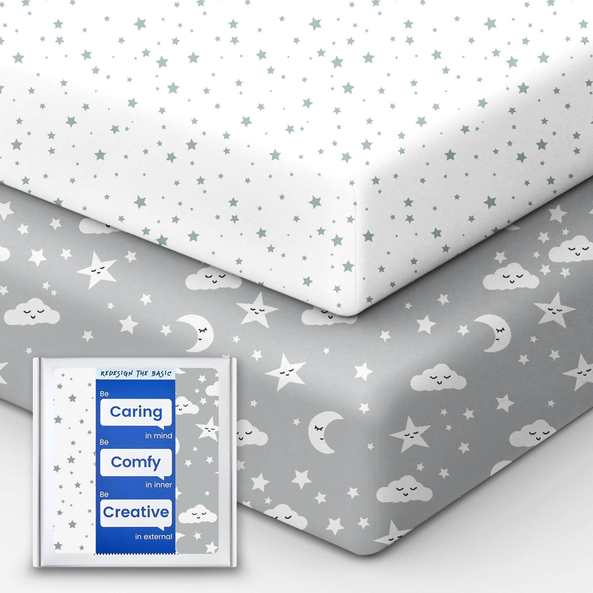 Crib Fitted Sheet Star, Super Stretchy Jersey Crib Sheets, Buttery Soft Boy Crib Mattress Sheets, Ultra Breathable Baby Bed Sheets 28x52x9 Extra Deep Pocket, 2 Pack