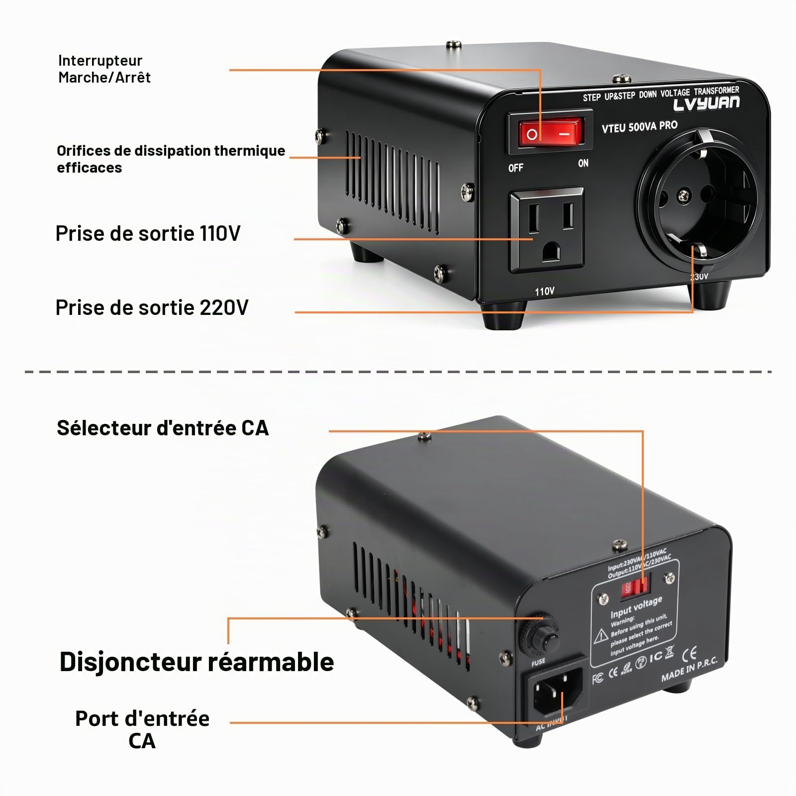 Cantonape Transformateur avec noyau toroïdal, stabilisateur de tension automatique, CA 110V 220V 500W