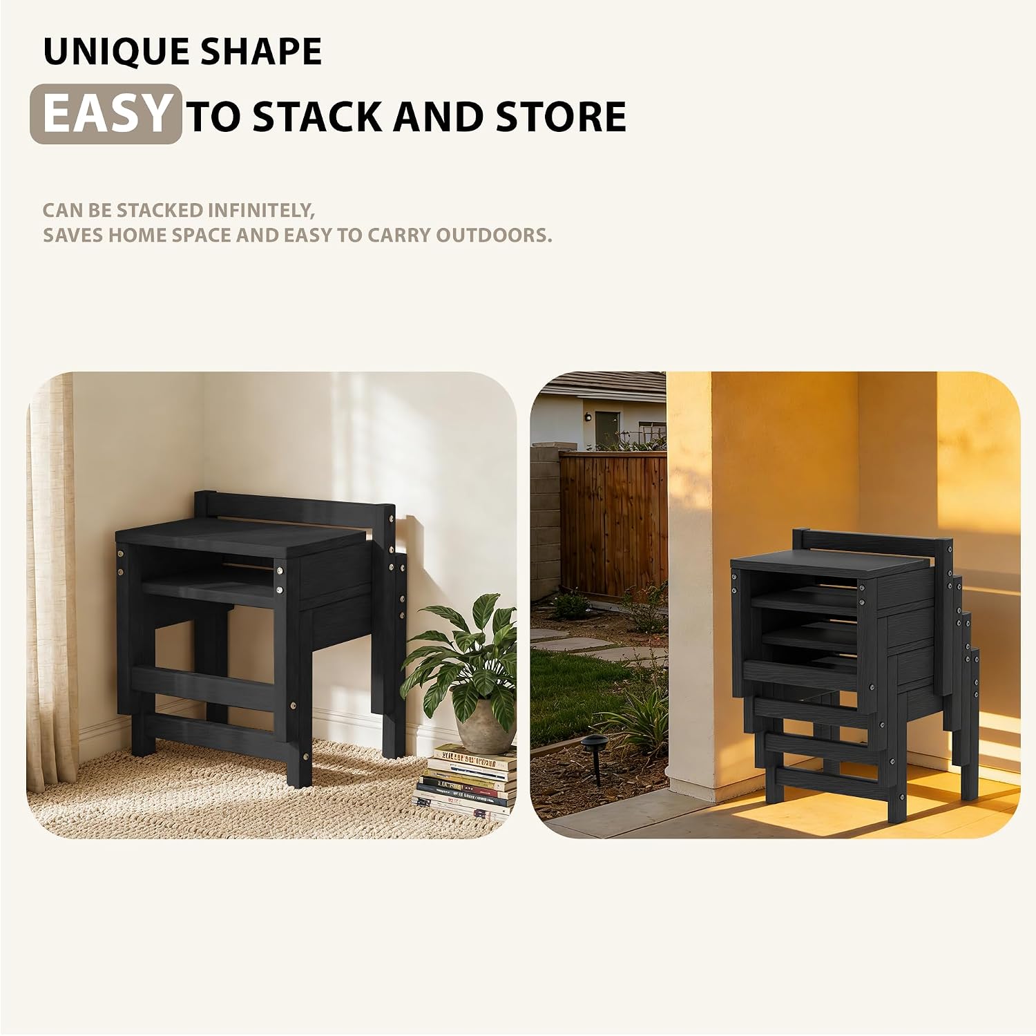 Stackable HDPE Foot Stool - All-Weather Indoor/Outdoor Seating for Patio, Living Room & Bathroom, Waterproof Windproof Heavy-Duty High-Density PE Step Stool, 2 Sets, Black