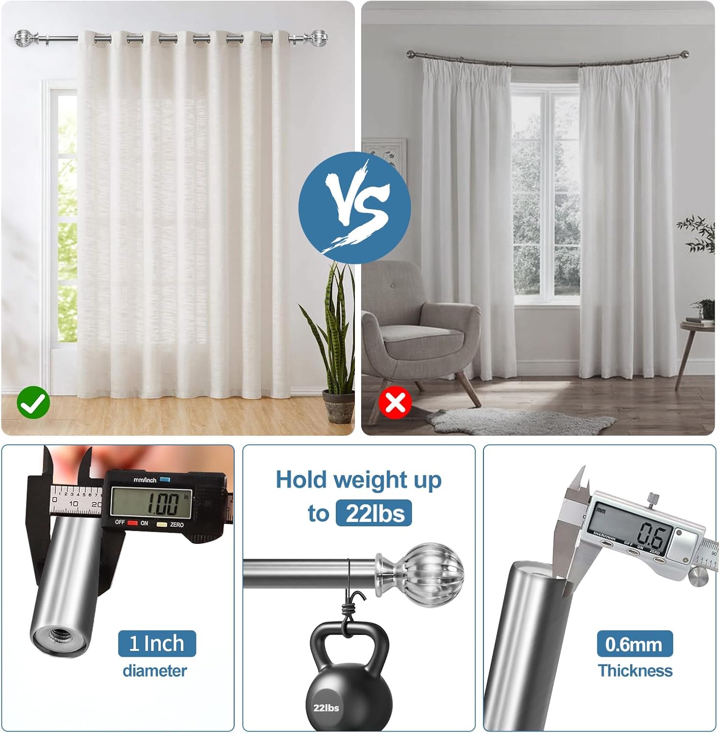 Urbanest Fluted Ball Flat Button 1" 5/8" Double Drapery Curtain Window Rod Set - 28" to 48", Brushed Steel
