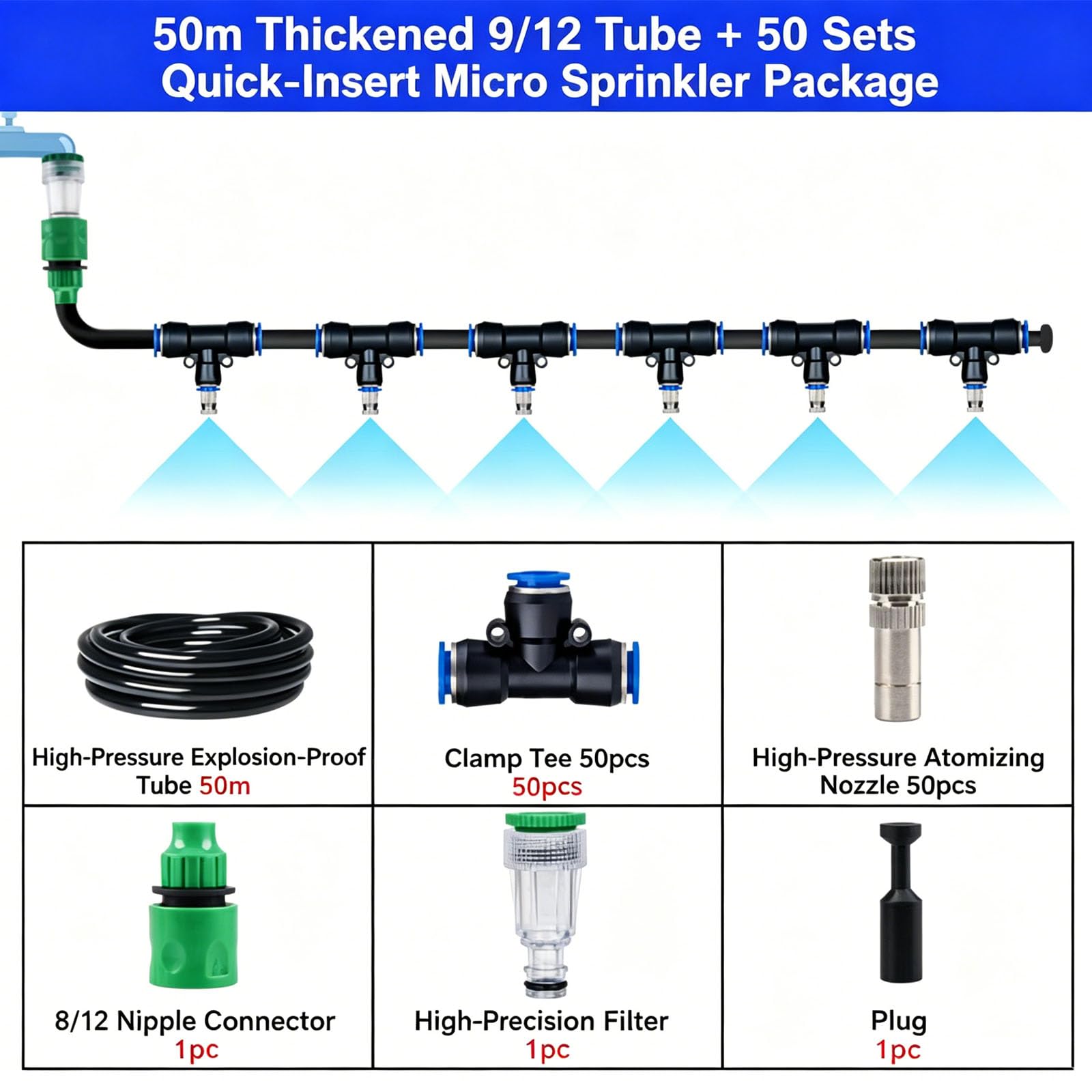 Kit de sistema de riego por goteo de conexión rápida, riego automático con tubería y boquillas atomizadoras para invernadero de huerto negro 50m 912 pipe + 50 sets of quick-connect fittings