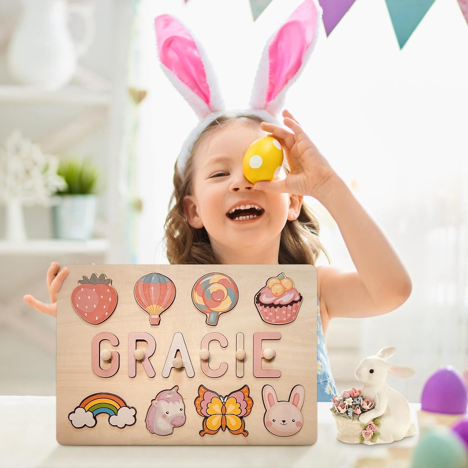 Personalized Name Puzzle for Kids, Customized Wooden Name Puzzles for Toddlers 1-3, Easter Basket Stuffers for Toddler, Custom Baby Easter Gifts with Customizable Blessing on The Back