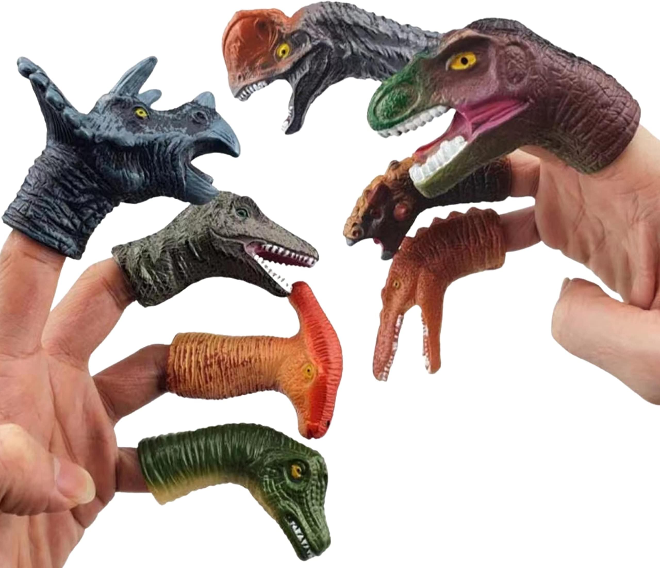 8 PCs Dinosaur Finger Puppets for Kids Rubber Soft Realistic Pinata Stuffers Set Bath Dinosaur Head Finger Toys Animal Hand Puppet Bulk Birthday Party Supplies Favors Decorations