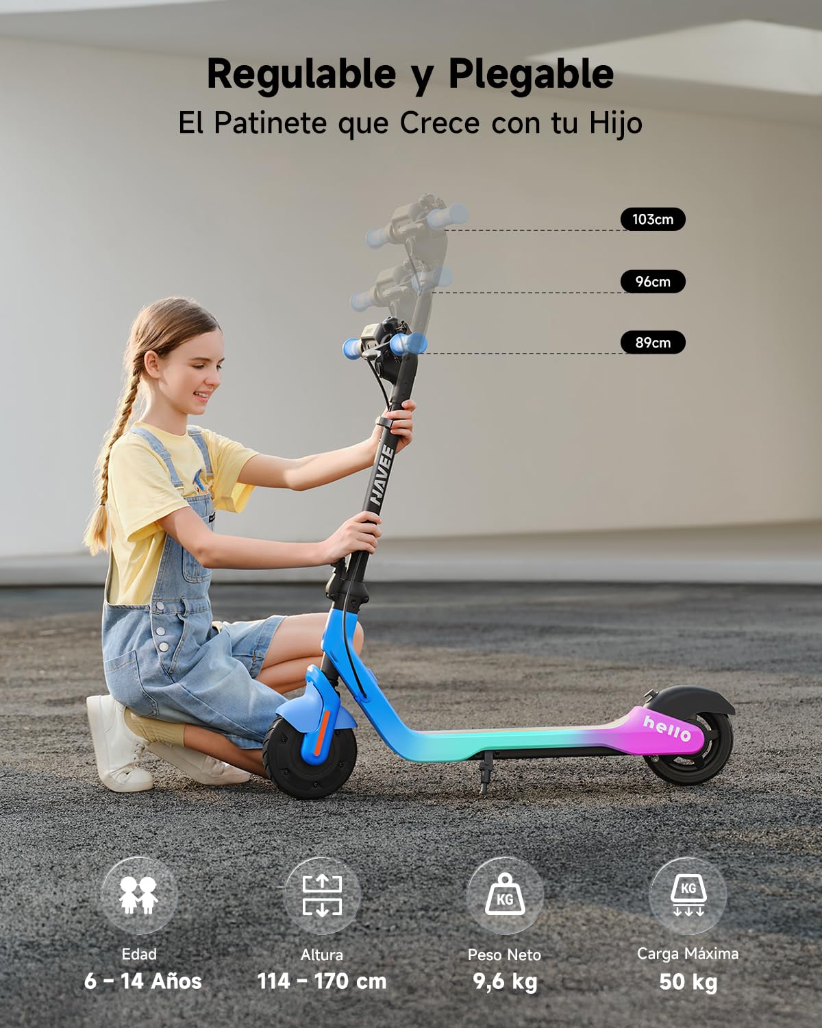 NAVEE K100 Serie Patinete Eléctrico para Niños, Control Parental vía App, Autonomy 14-24km, 3 Modos de Velocidad 16km/h, Luces RGB, Neumáticos Macizos 7", Plegable y Ajustable 6-14 Años