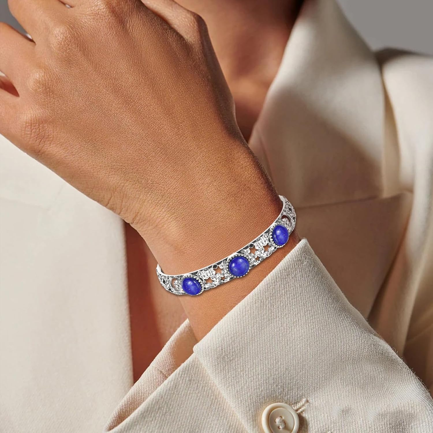 Lapis Lazuli Bracelet for Women, Sterling Silver Open Adjustable Cuff Bangle with Star and Moon Design, Birthstone Jewelry Gift - Image 4