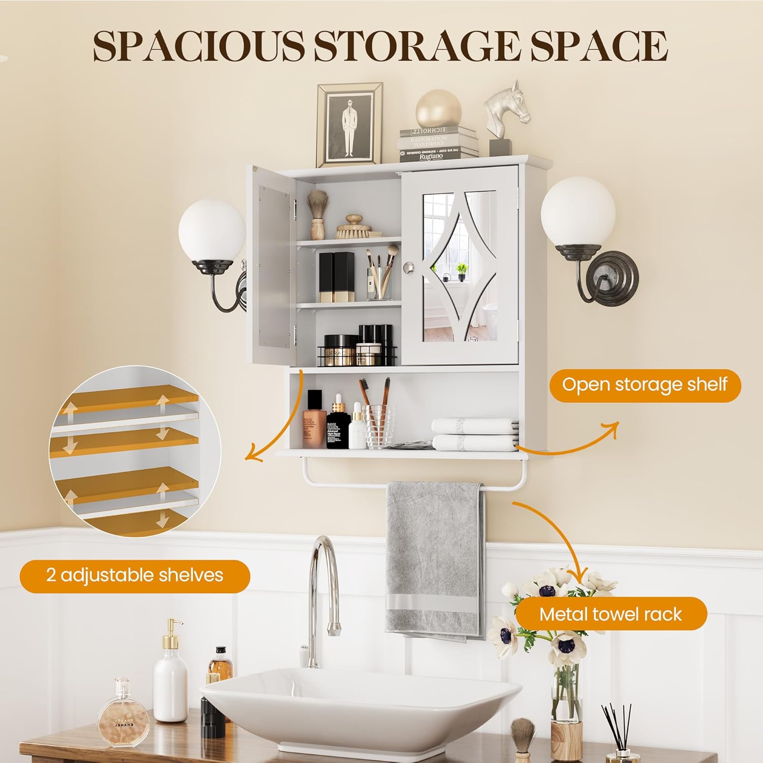 May in Color Bathroom Medicine Cabinet with Mirror, Vanity Wall Mounted Storage Cabinet with Adjustable Shelves and Towel Bar, Hanging Wall Cabinet for Bathroom, Laundry, Living Room, White