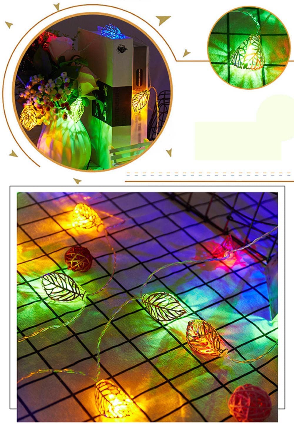 guirnaldas luminosas, Luces de cadena hojas doradas creativas | hadas hierro forjado | decorativas LED con pilas for bodas, Navidad, cumpleaños, vacaciones(Colourful,4.9FT(10LED))