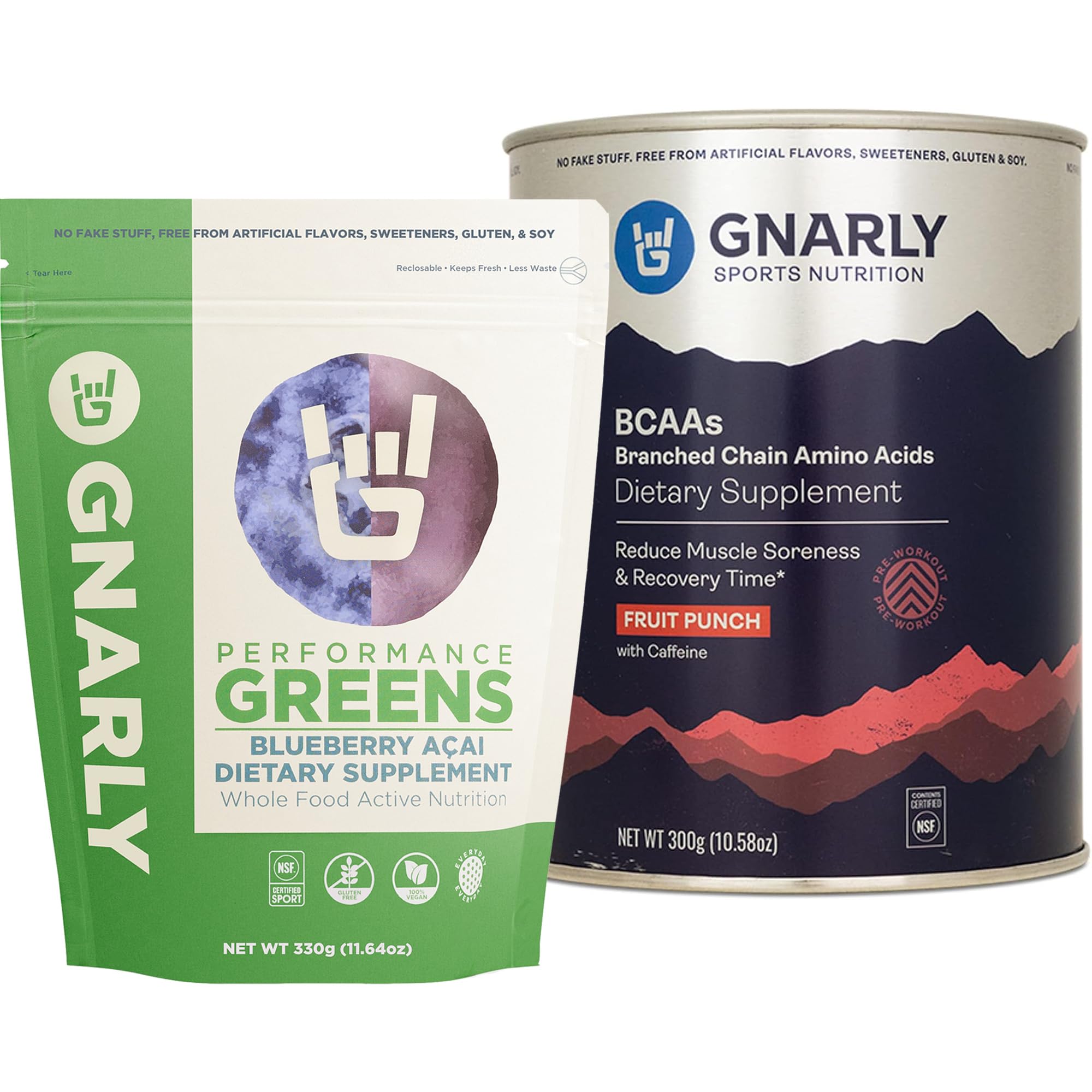 Gnarly Nutrition BCAAs Fruit Punch (10.58oz) Performance Greens Blueberry Açai, (11.64 oz)