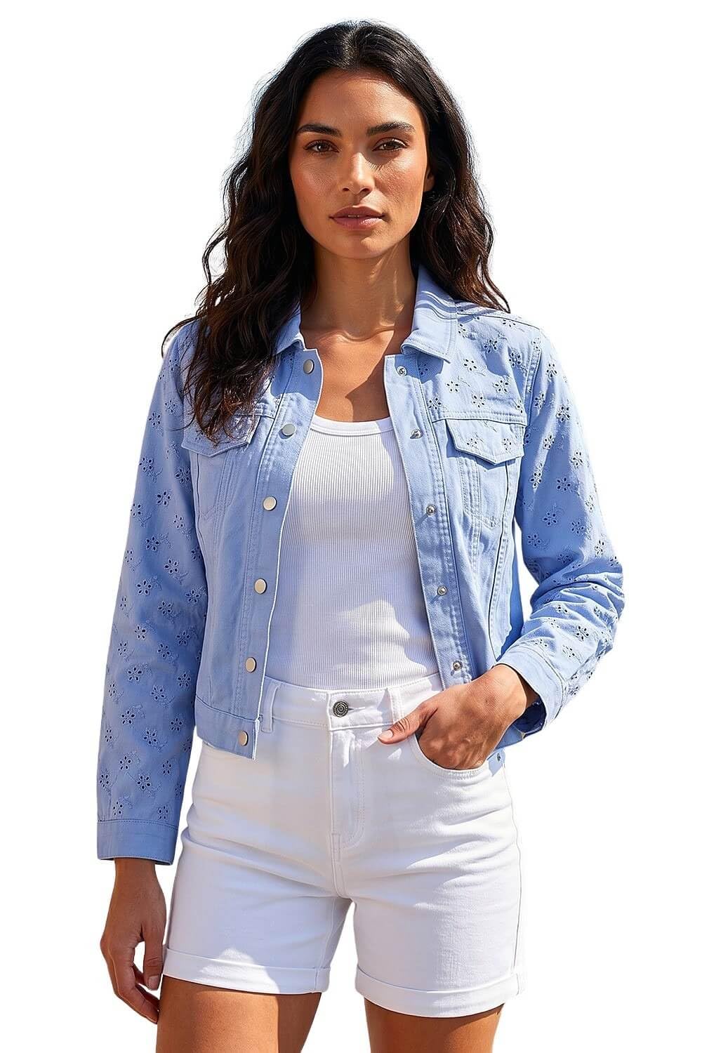 Roman Originals Cotton Blend Broderie Sleeve Jacket for Women UK - Ladies Everyday Holiday Spring Summer Comfy Soft Evening Vacation Work Party - Denim - Size 12