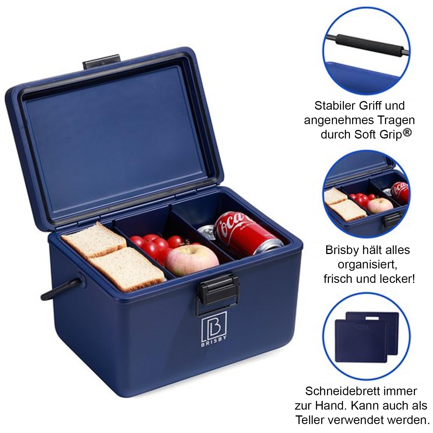 Brisby Kühlbox 12 Liter - Kühlbox ohne Strom, 40 Stunden kühl, Inklusive 2 große Kühlelemente 200ML, mit Schneidbrettern, vielseitige cool Box, 22 x 33 cm