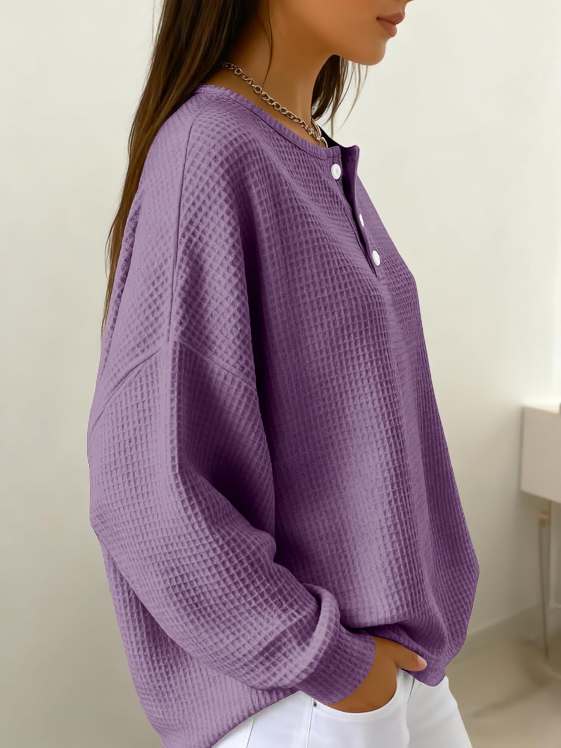 Women's Waffle Knit Sweater V-Neck Long Sleeve Pullover Loose Fit Casual Top with Button Detail - Image 3