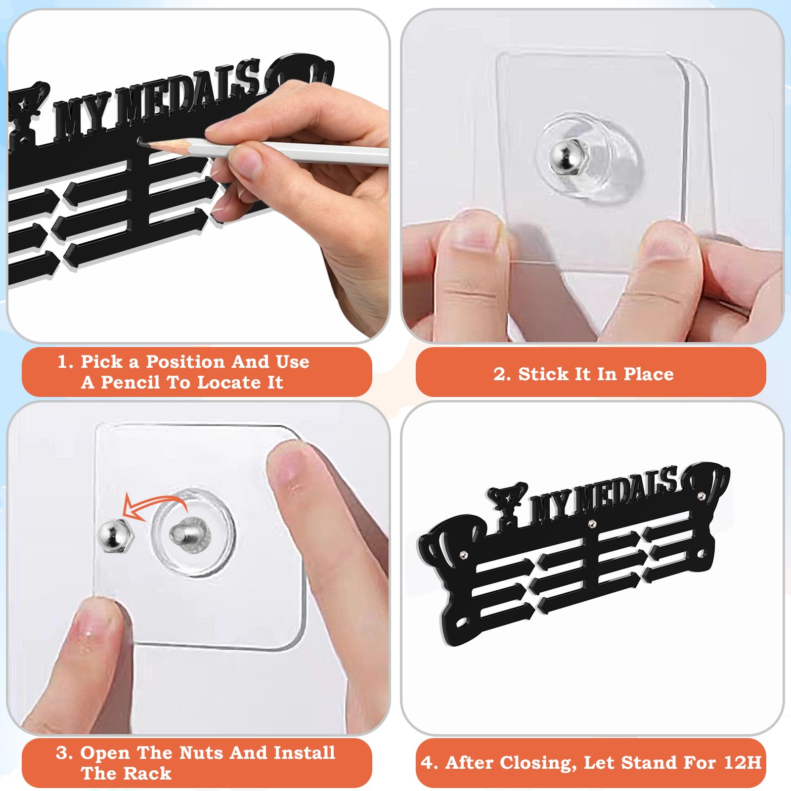 Espositore per medaglie, cornice per 4 medaglie, perfetta per corridori, maratone, vincitori di gare, calcio, calcio, ginnastica e tutti gli sport ( nero, A4