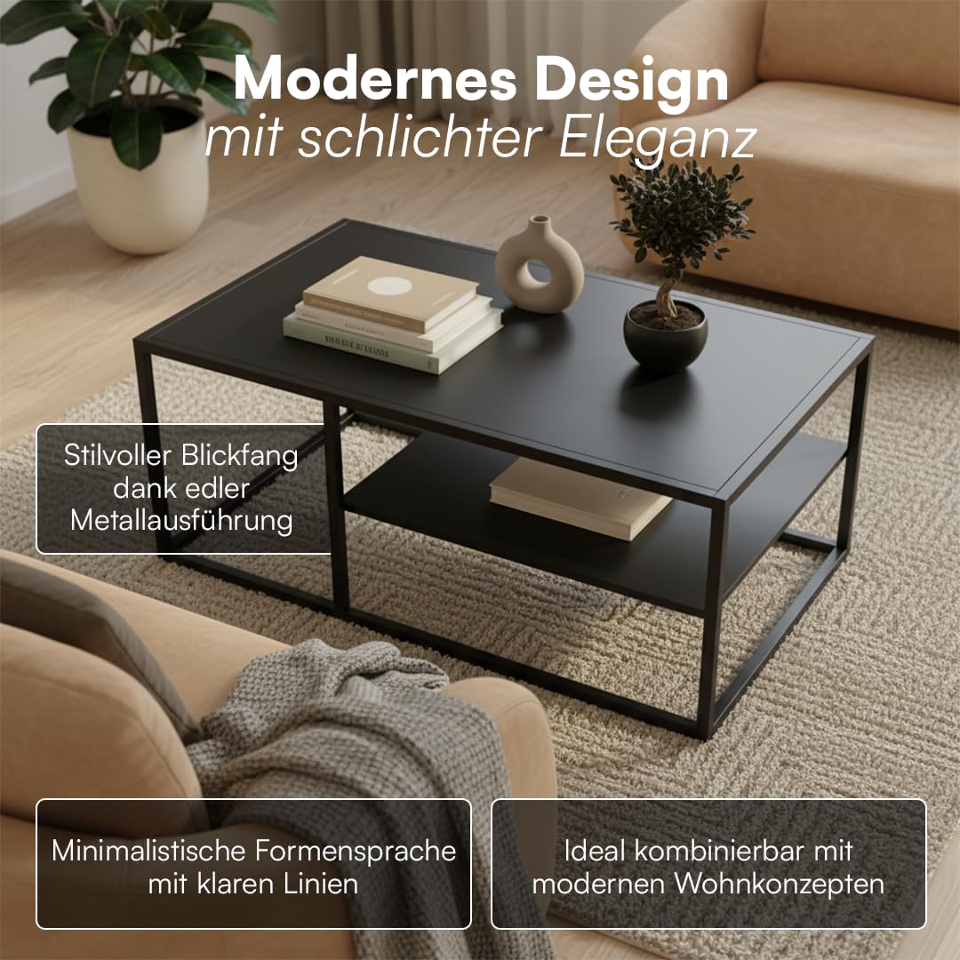 skølm Skadi Couchtisch aus Metall – Wohnzimmertisch mit 2 Ablagen – Beistelltisch in Schwarz – Sofatisch höhenverstellbar – Mitteltisch 45x100x60 cm (HxBxT) – eckiger Kaffeetisch mit Stauraum