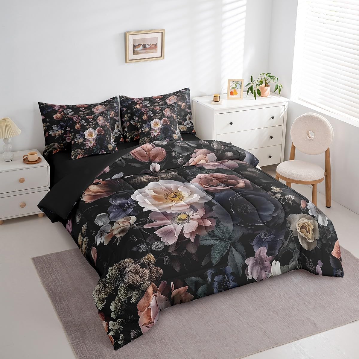 jejeloiu Kids Black Floral Comforter Set 7 Pieces King Size Retro Flower Bloosom Bedding Set for Boys Girls Rustic Rose Bed Set Bed in a Bag with Comforter, Sheets, Pillowcases & Cushion Covers - Image 3