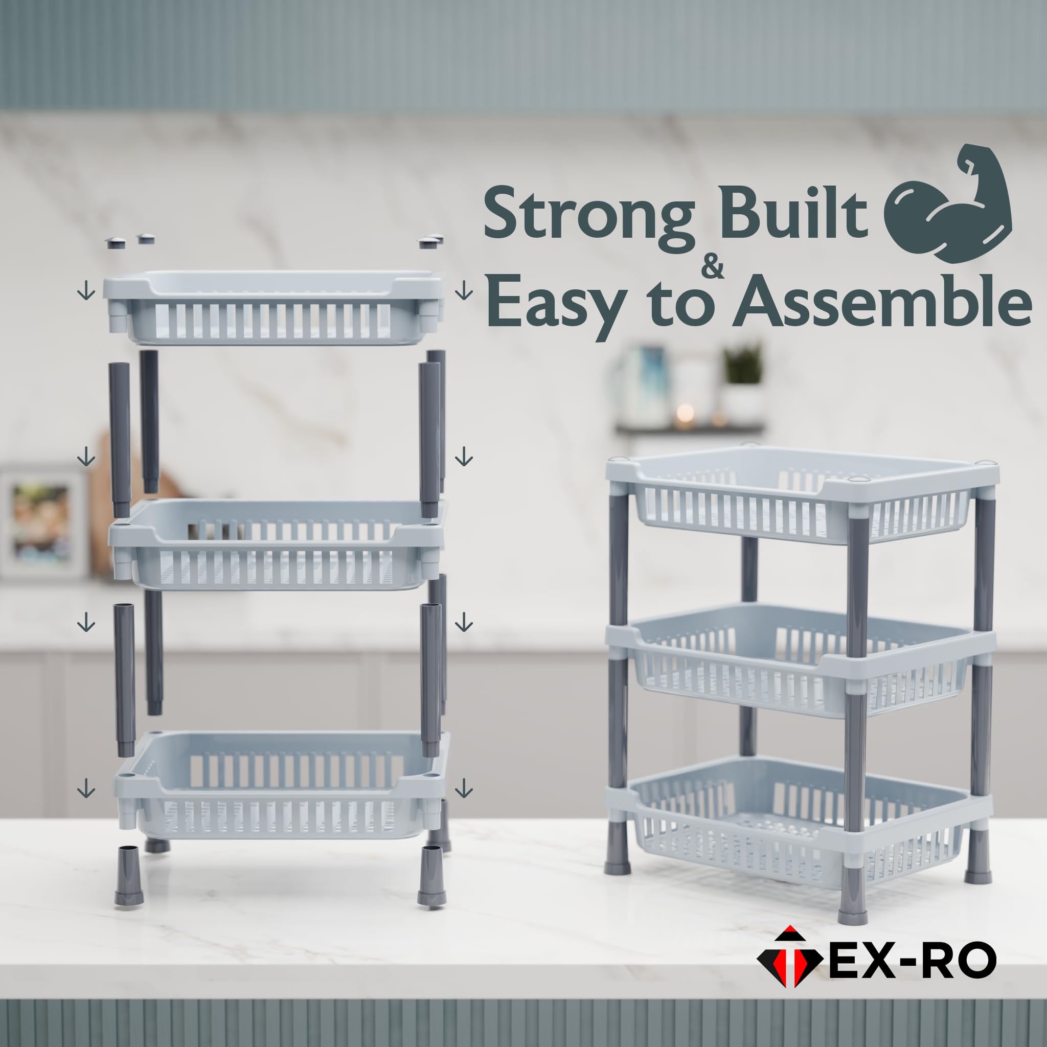 TEX-RO 3-Layer Kitchen Rack Stand/Multipurpose Rack for Storage/Vegetable Stand for Kitchen Storage Rack/Durable Kitchen Racks for Storage (Grey) - Image 6 thumbnail
