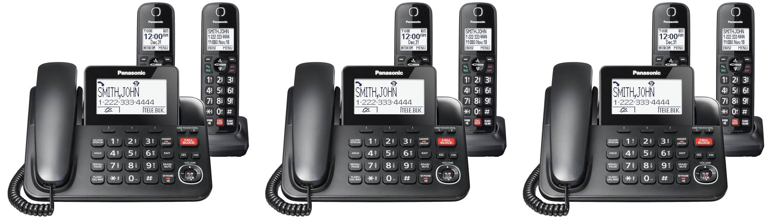 Panasonic Corded Phone/Cordless Phone with Answering Machine, Advanced Call Block &amp; 2-Way Recording, 2 Handsets Expandable up to 6 Cordless Handsets,Landline Telephone-KX-TGF852B (Black) (Pack of 3)