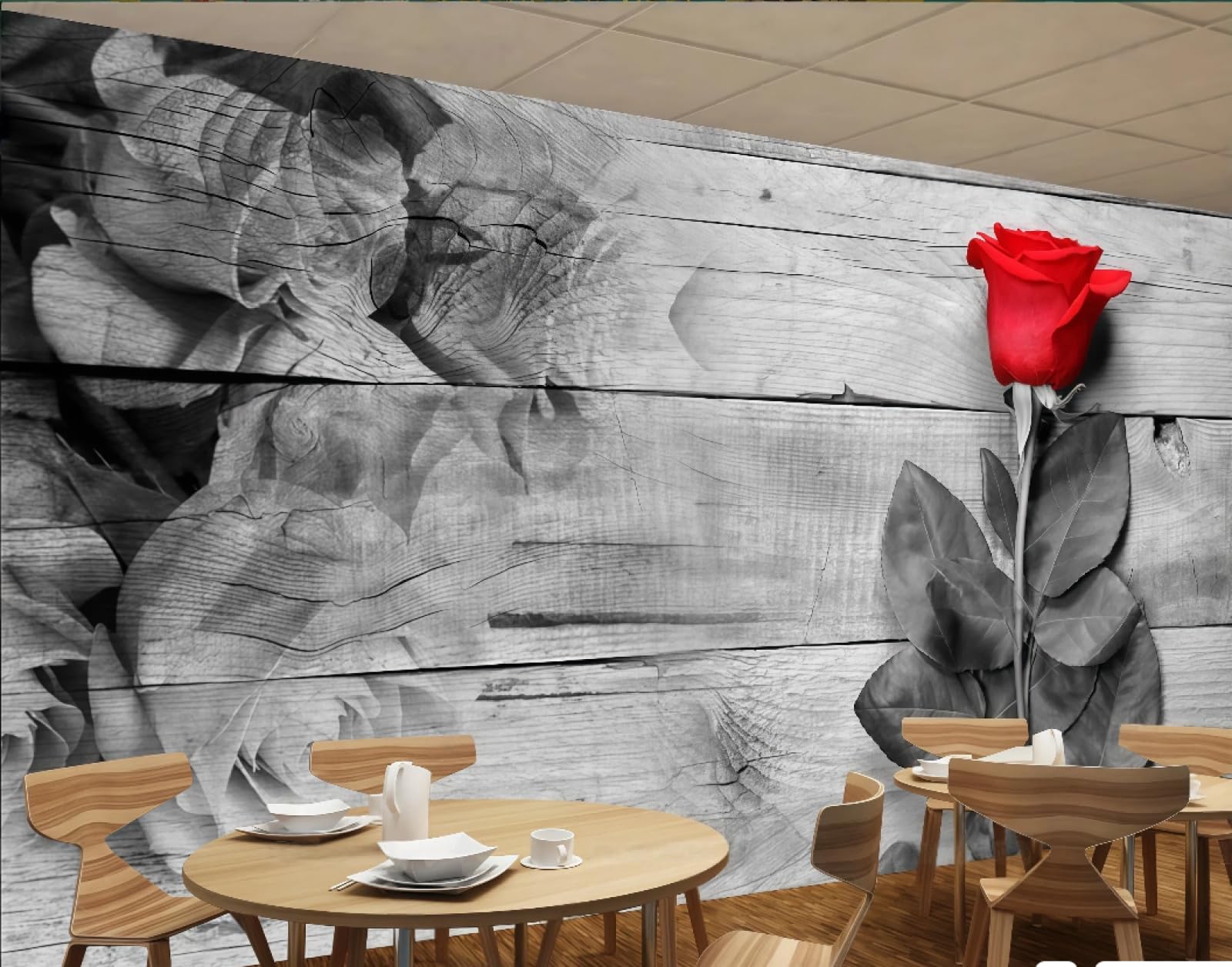rskjdghshd Wallpaper Nostalgic Wooden Board Red Rose Flower Art Dessert Shop Afternoon Tea Burger Shop Bar Background Wall Western Restaurant Wallpaper Cafe Mural,3D,150x105cm
