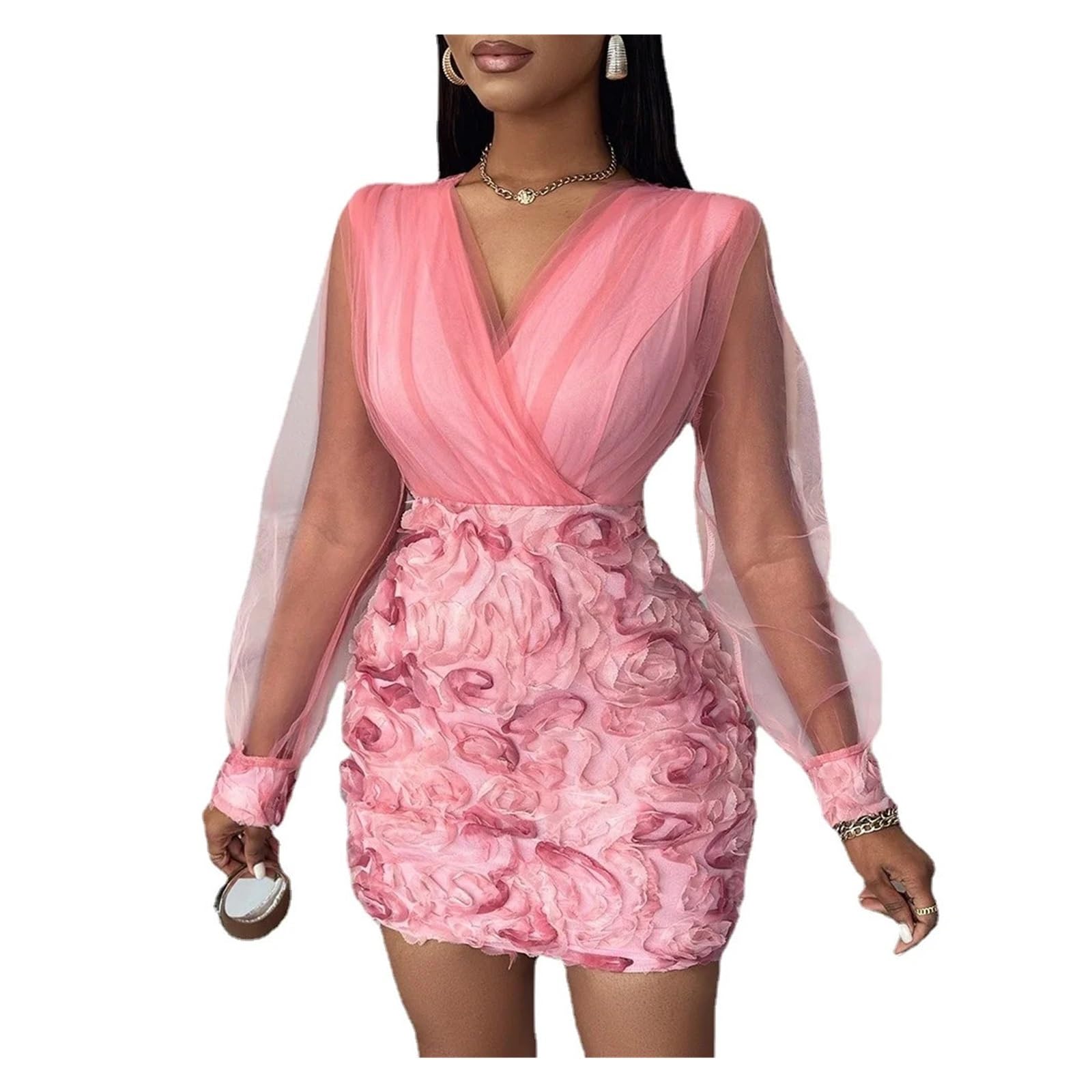 Vestido con Estampado Floral Vestido de Fiesta Elegante con Escote en V y Manga Larga Malla Transparente Estampado Floral for Mujer Mujer