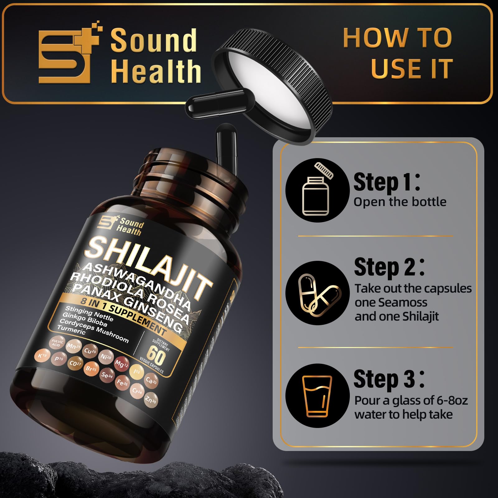 SoundHealth Shilajit Capsule for Men & Women 60 Counts, Easy to Swallow, Blended Vitamin & Mineral Supplements, Gluten Free, Non-GMO — Amazon image 4