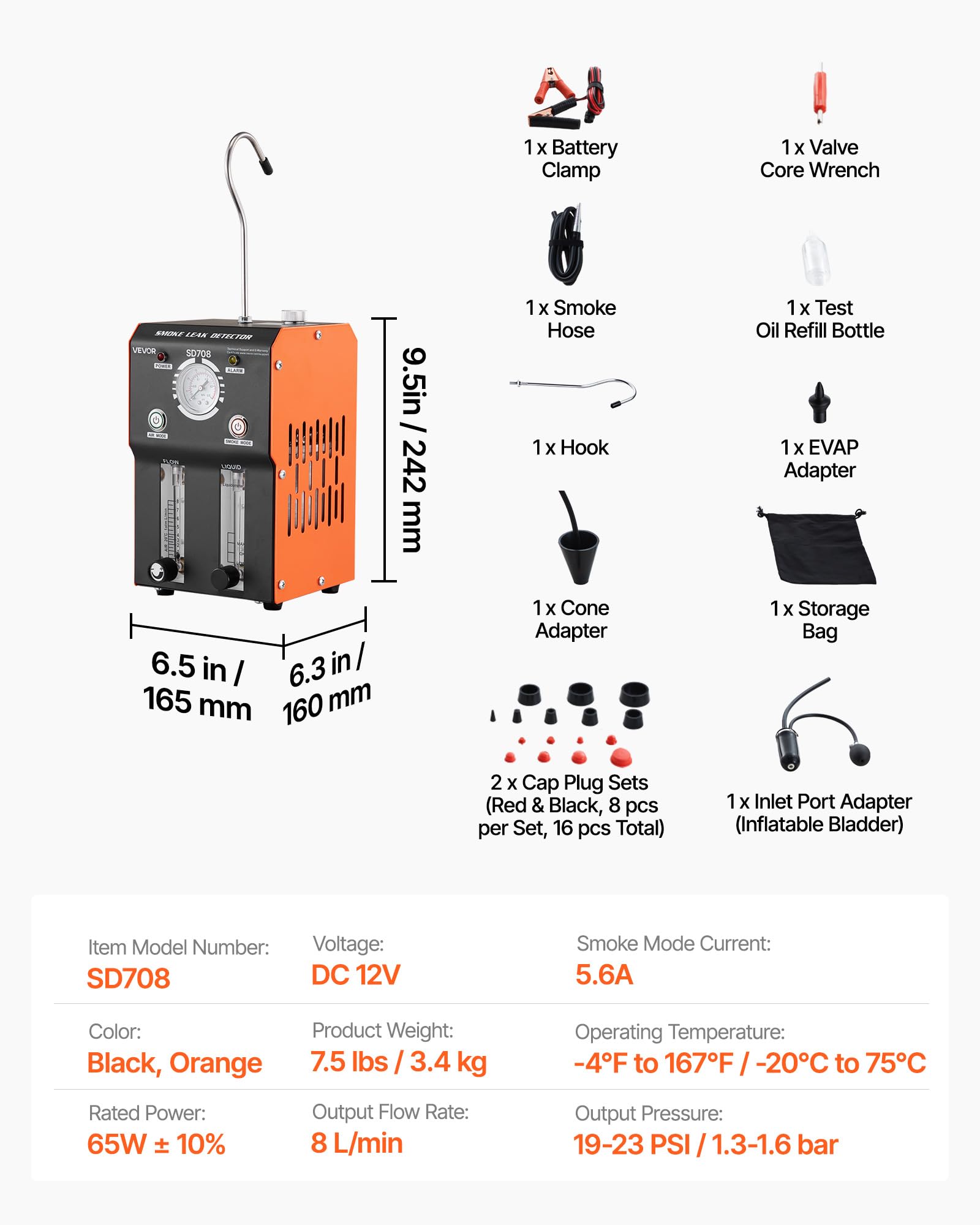 VEVOR Máquina de Fugas de Humo 12V CC, Detector de Fugas de Humo Automotriz Probador de Vacío EVAP, con Bomba de Aire, Presión de Salida 19-23 PSI, Diagnóstico de Tuberías de Combustible para Coches