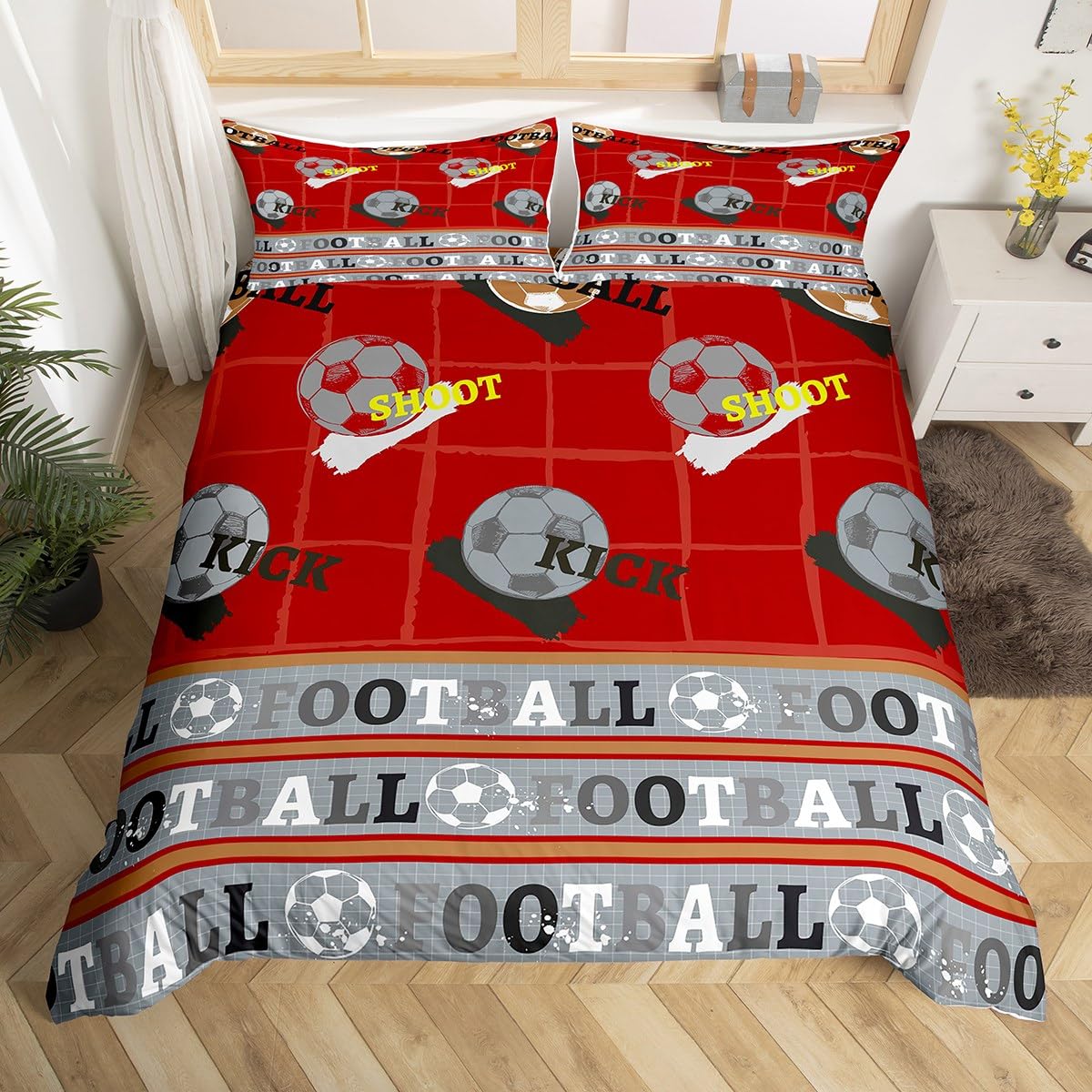 Homemissing Deep Red Football Duvet Cover Set Cot Size For Kids Teens Boys Football Sports Bedding Set Soccer Ball Game Duvet Cover with 1 Pillowcase Rugby Sports Bedding — image 1