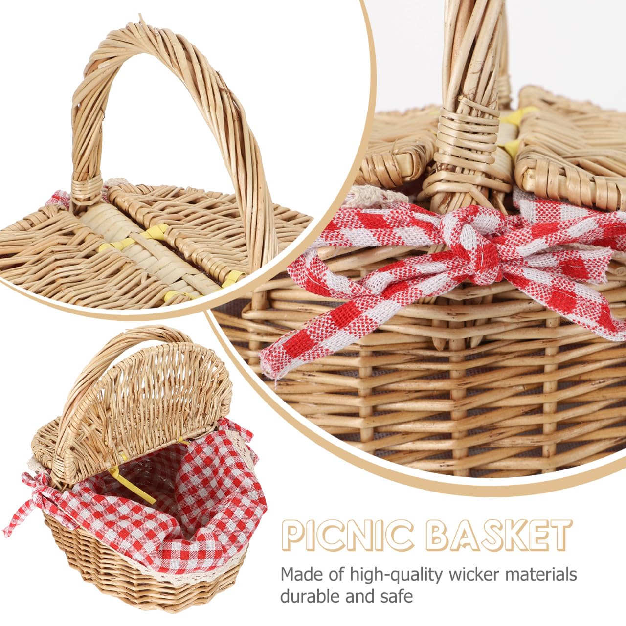 Cesta de Tejido de Mimbre para Picnic al Aire Libre Tapa, Tamaño 26x18x15 Cm, Color Natural Forro Rojo a Cuadros, Cesta Multiusos para Frutas y Alimentos