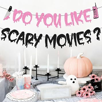 Do You Like Scary Movies Banner Halloween Decoration Halloween Party Banner Horror Movie Have A Killer Scream Party Decoration Scary Night Birthday Party Supplies (Pink)