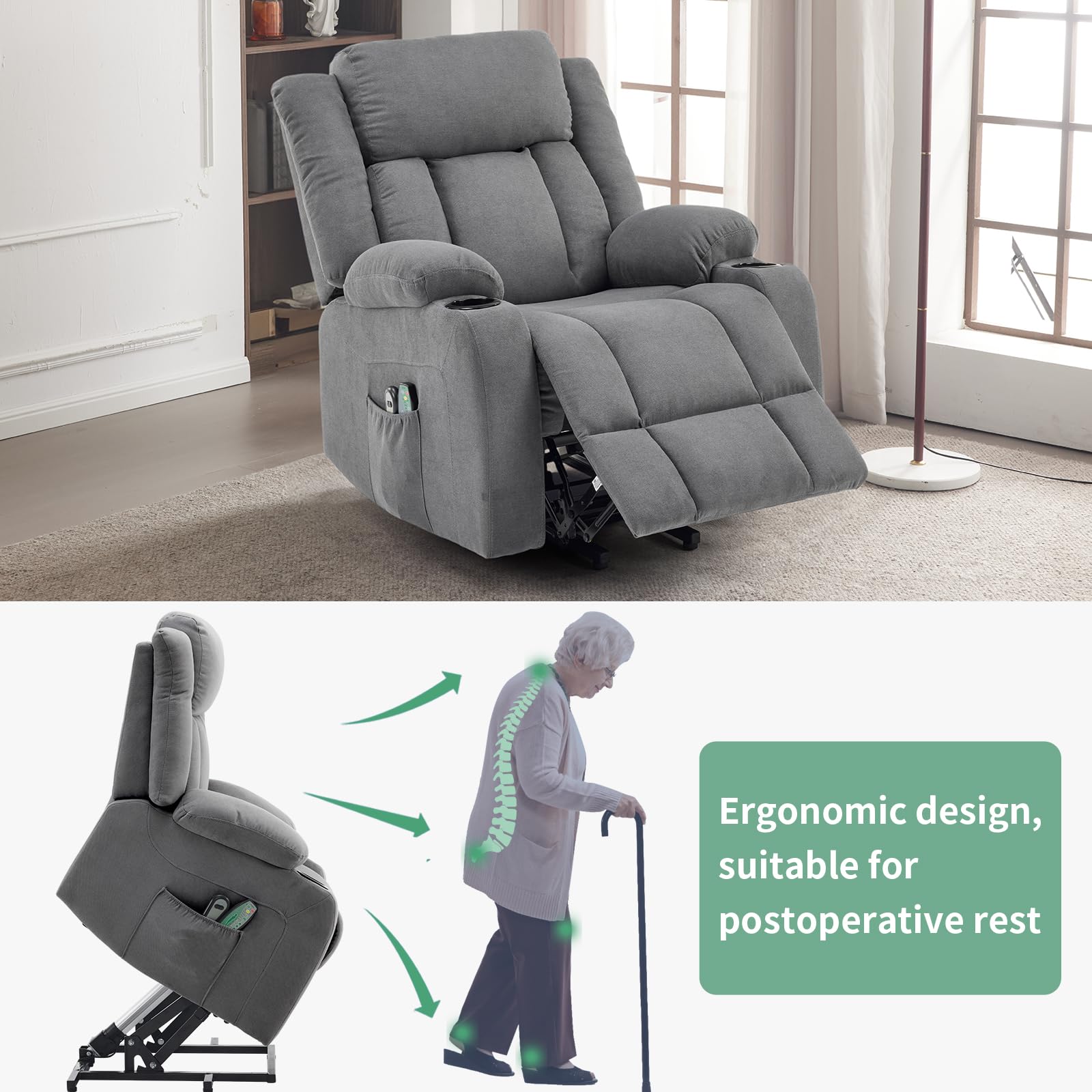 Fauteuil Releveur Électrique Relax, Fauteuil de Relaxation avec Fonction Massage et Chaleur, Inclinaison Réglable et Repose-Pieds (Gris foncé)