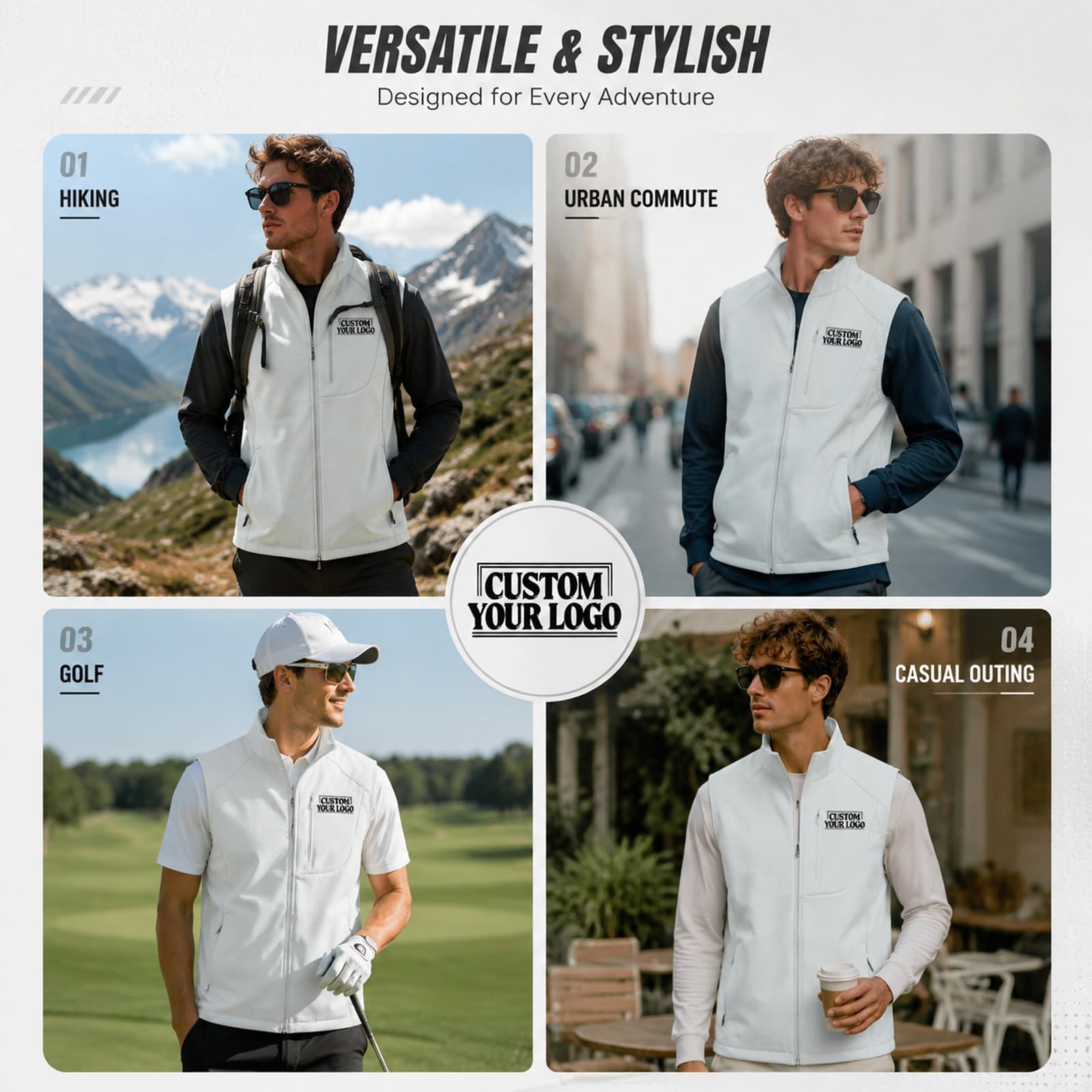 Gilet da uomo in softshell foderato in pile antivento con logo personalizzato | Progetta il tuo testo, colletto alla coreana, senza maniche, leggero, gilet sportivo con tasca, per uso esterno di squadra